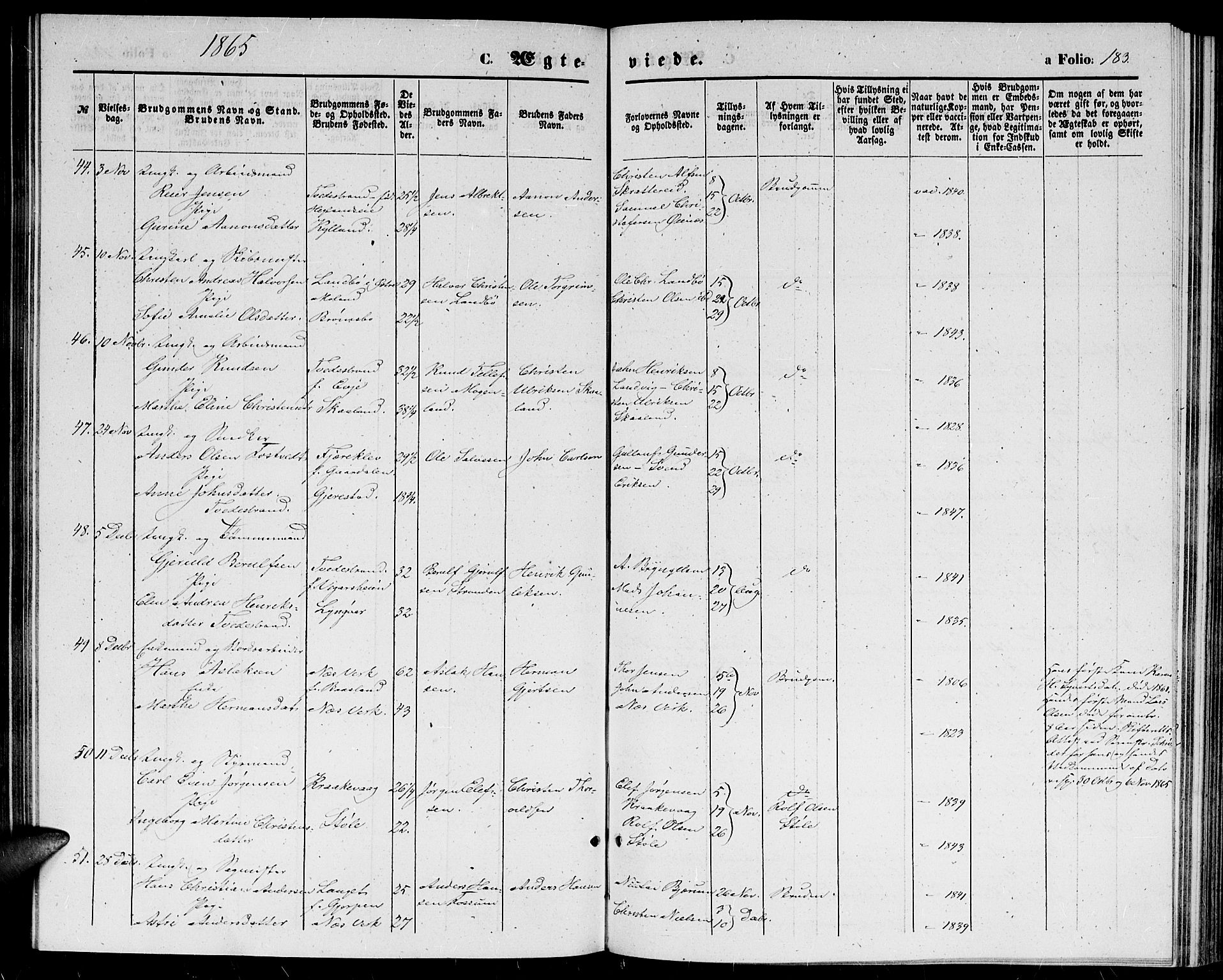 Holt sokneprestkontor, SAK/1111-0021/F/Fb/L0008: Parish register (copy) no. B 8, 1858-1871, p. 183