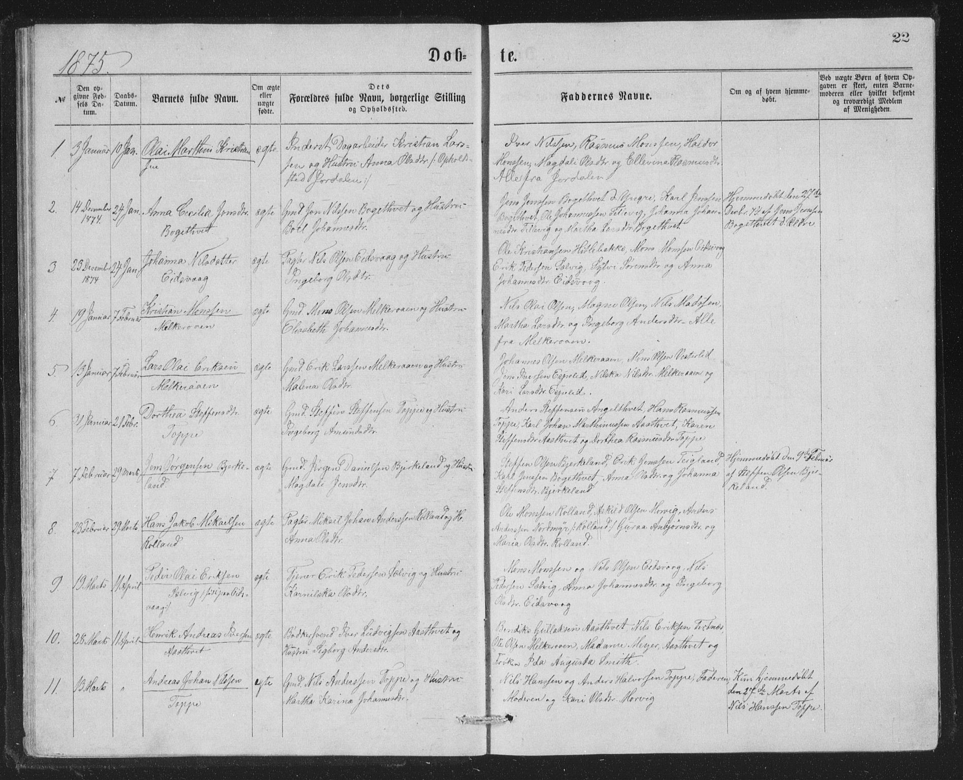 Åsane sokneprestembete, SAB/A-79401/H/Hab: Parish register (copy) no. A 1, 1870-1884, p. 22