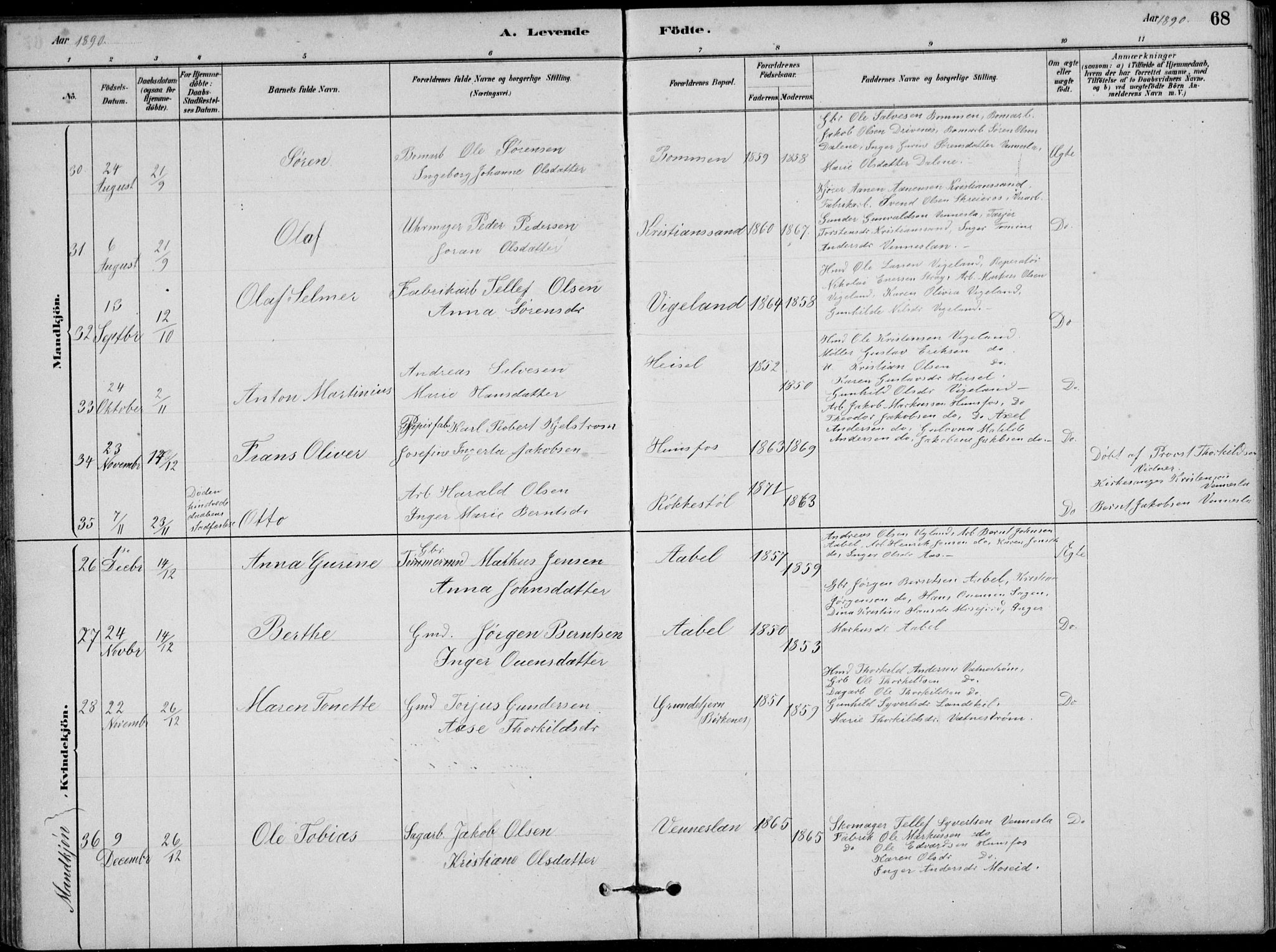 Vennesla sokneprestkontor, AV/SAK-1111-0045/Fb/Fbb/L0003: Parish register (copy) no. B 3, 1879-1893, p. 68