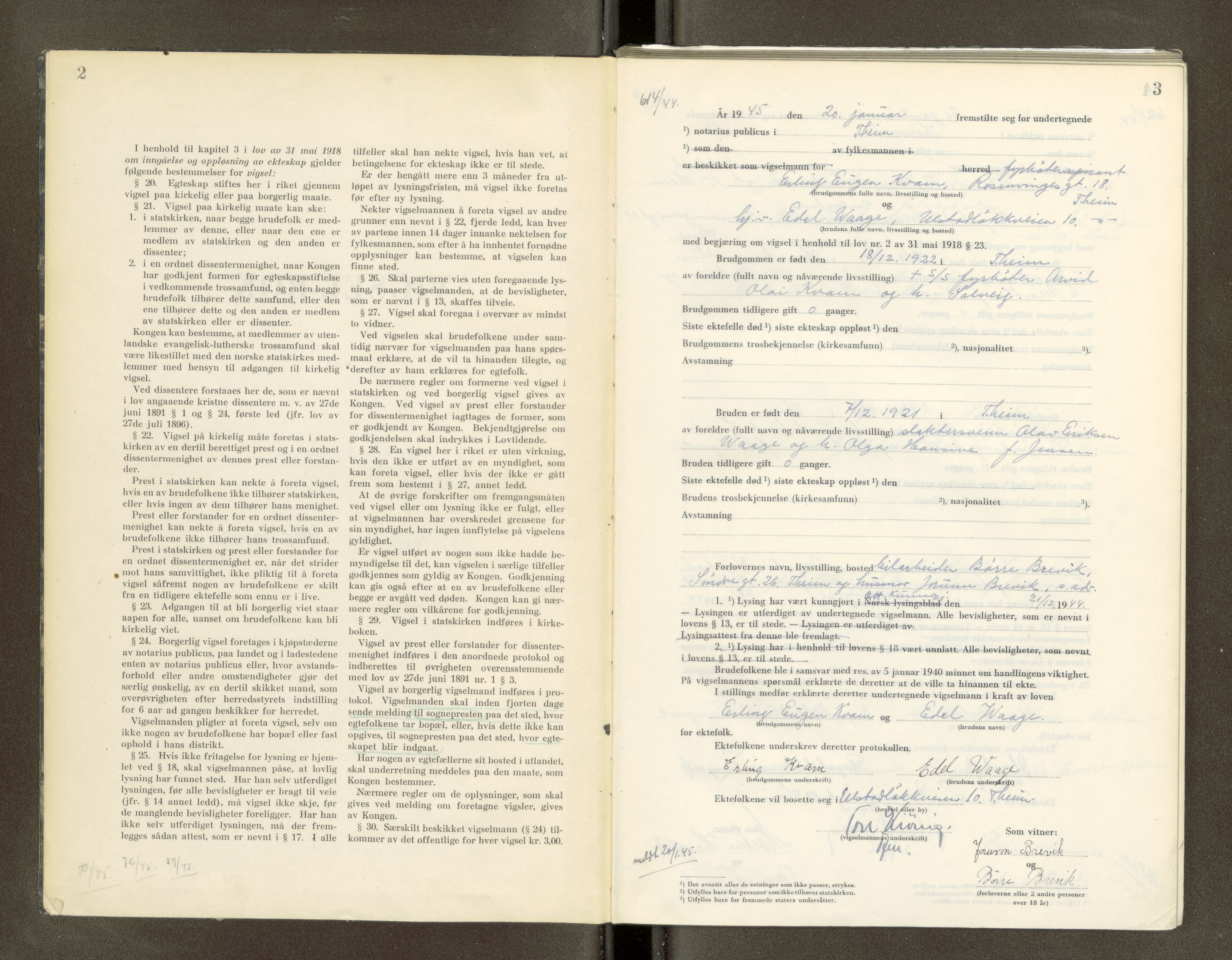 Trondheim byfogd, AV/SAT-A-0003/1/6/6D/L0005: Vigselbøker, 1944-1948, p. 2-3
