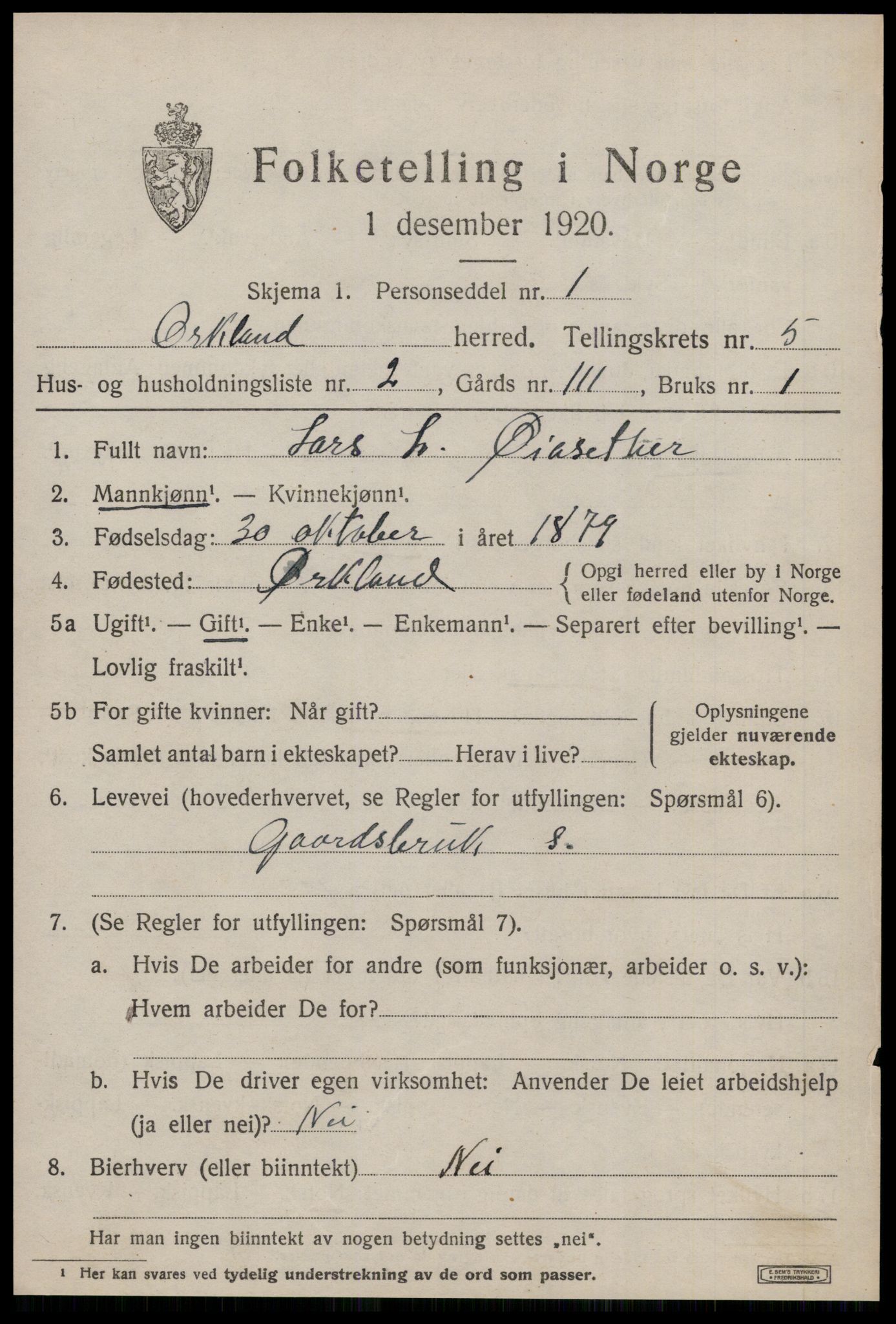 SAT, 1920 census for Orkland, 1920, p. 4030