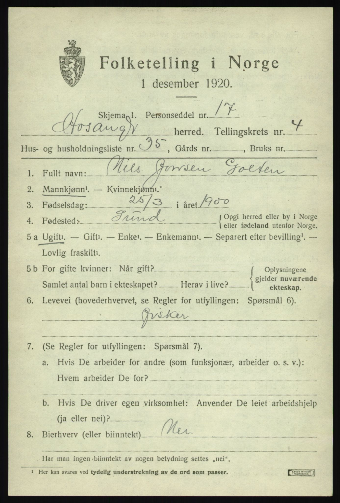 SAB, 1920 census for Hosanger, 1920, p. 2305