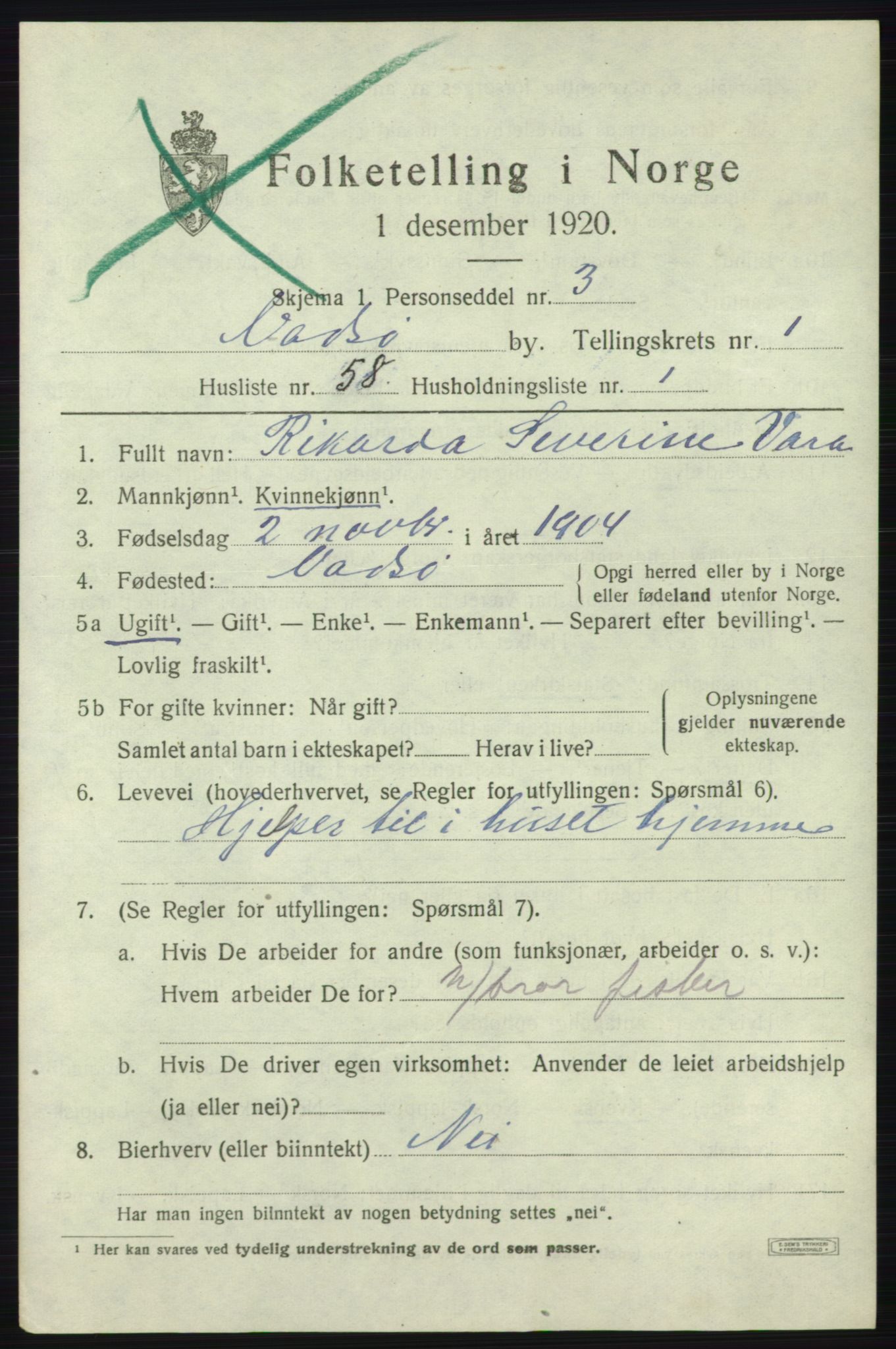 SATØ, 1920 census for Vadsø, 1920, p. 2181
