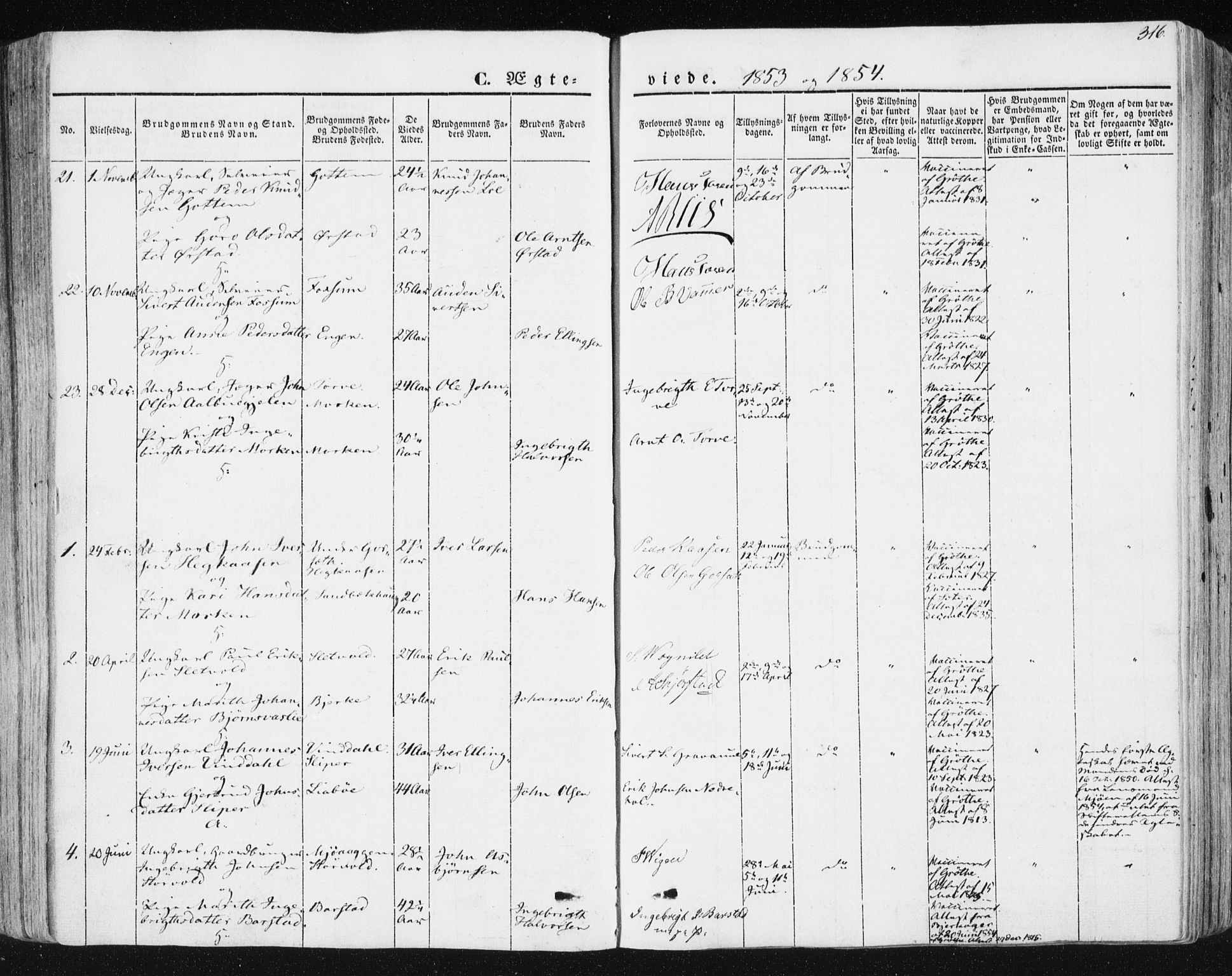 Ministerialprotokoller, klokkerbøker og fødselsregistre - Sør-Trøndelag, SAT/A-1456/678/L0899: Parish register (official) no. 678A08, 1848-1872, p. 316