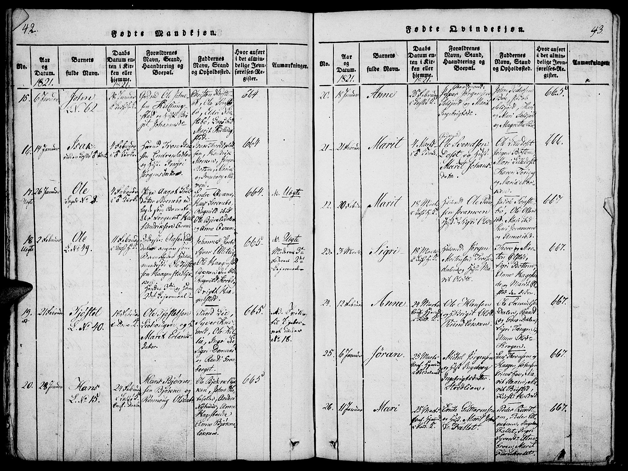 Lesja prestekontor, AV/SAH-PREST-068/H/Ha/Haa/L0004: Parish register (official) no. 4, 1820-1829, p. 42-43