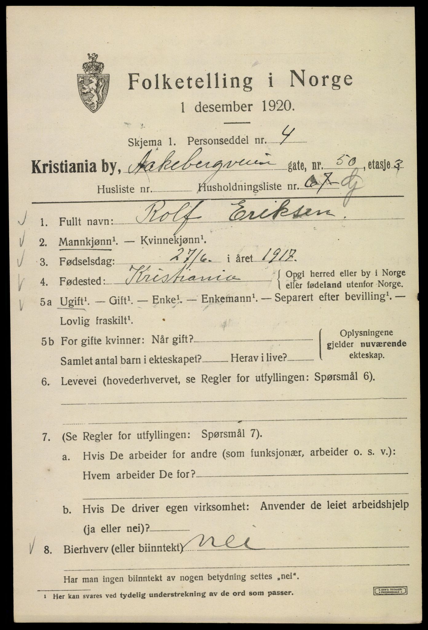 SAO, 1920 census for Kristiania, 1920, p. 136093