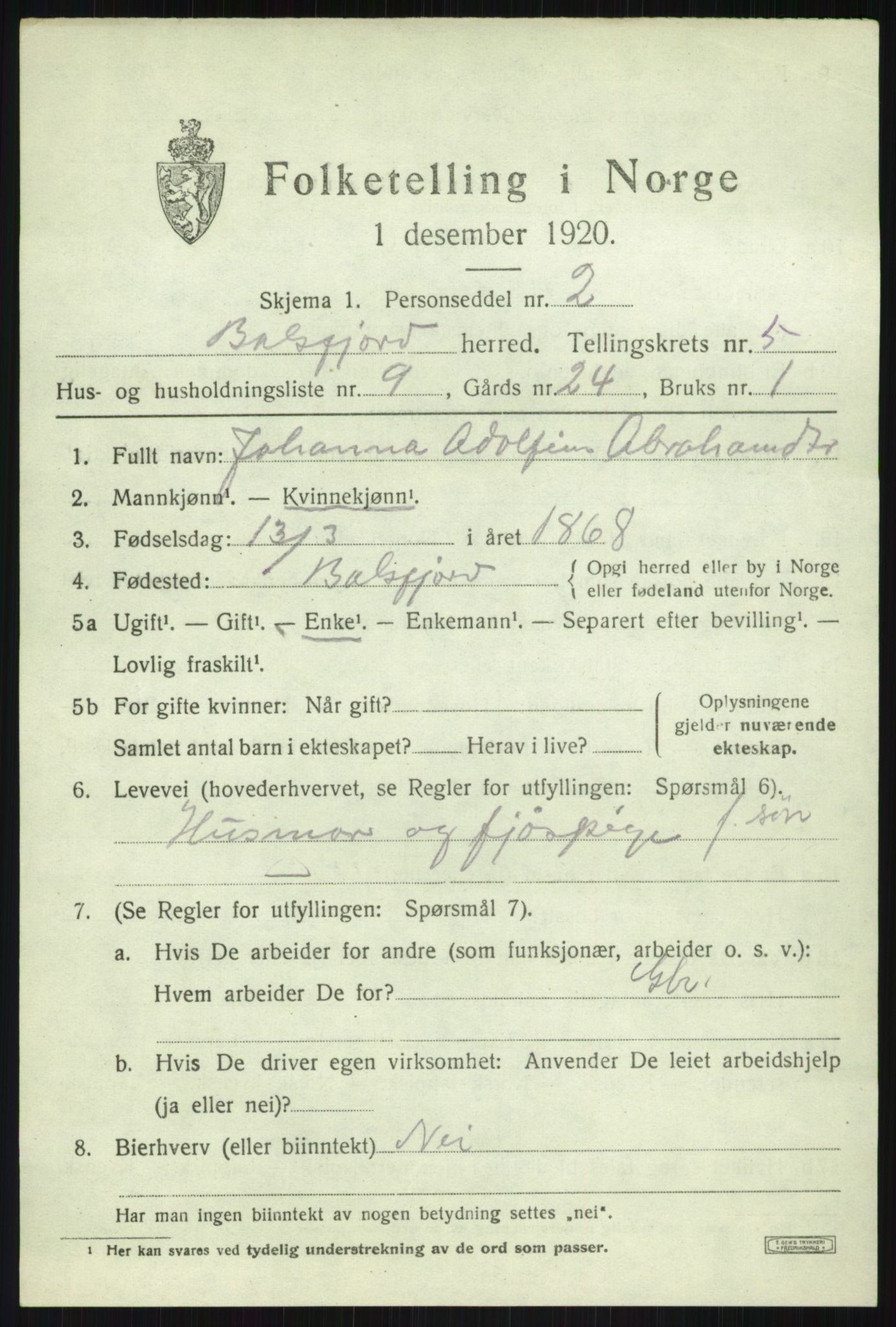 SATØ, 1920 census for Balsfjord, 1920, p. 3218