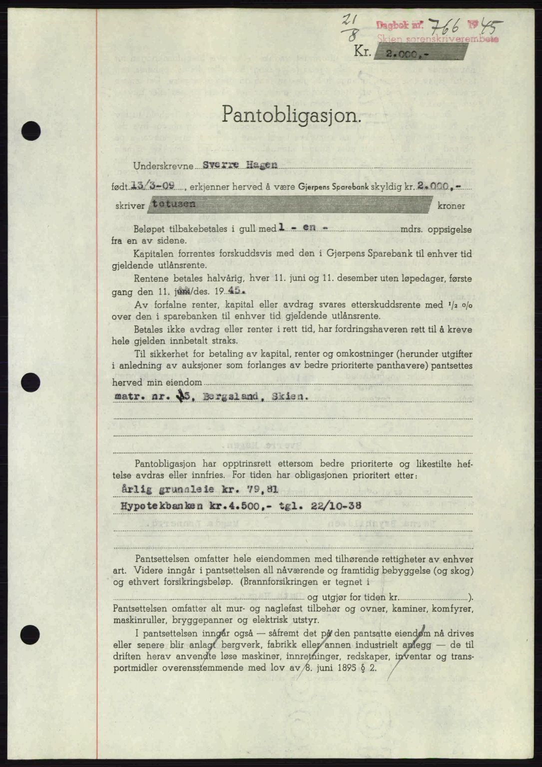 Skien sorenskriveri, AV/SAKO-A-225/G/Ga/Gab/L0004: Mortgage book no. B-7 - B-8 a, 1945-1945, Diary no: : 766/1945