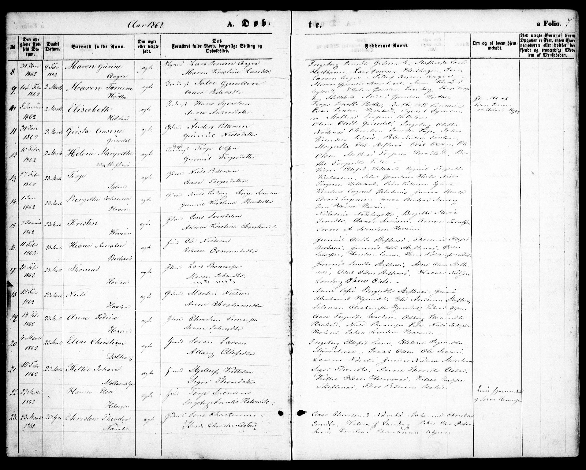 Hommedal sokneprestkontor, AV/SAK-1111-0023/F/Fa/Fab/L0005: Parish register (official) no. A 5, 1861-1877, p. 7