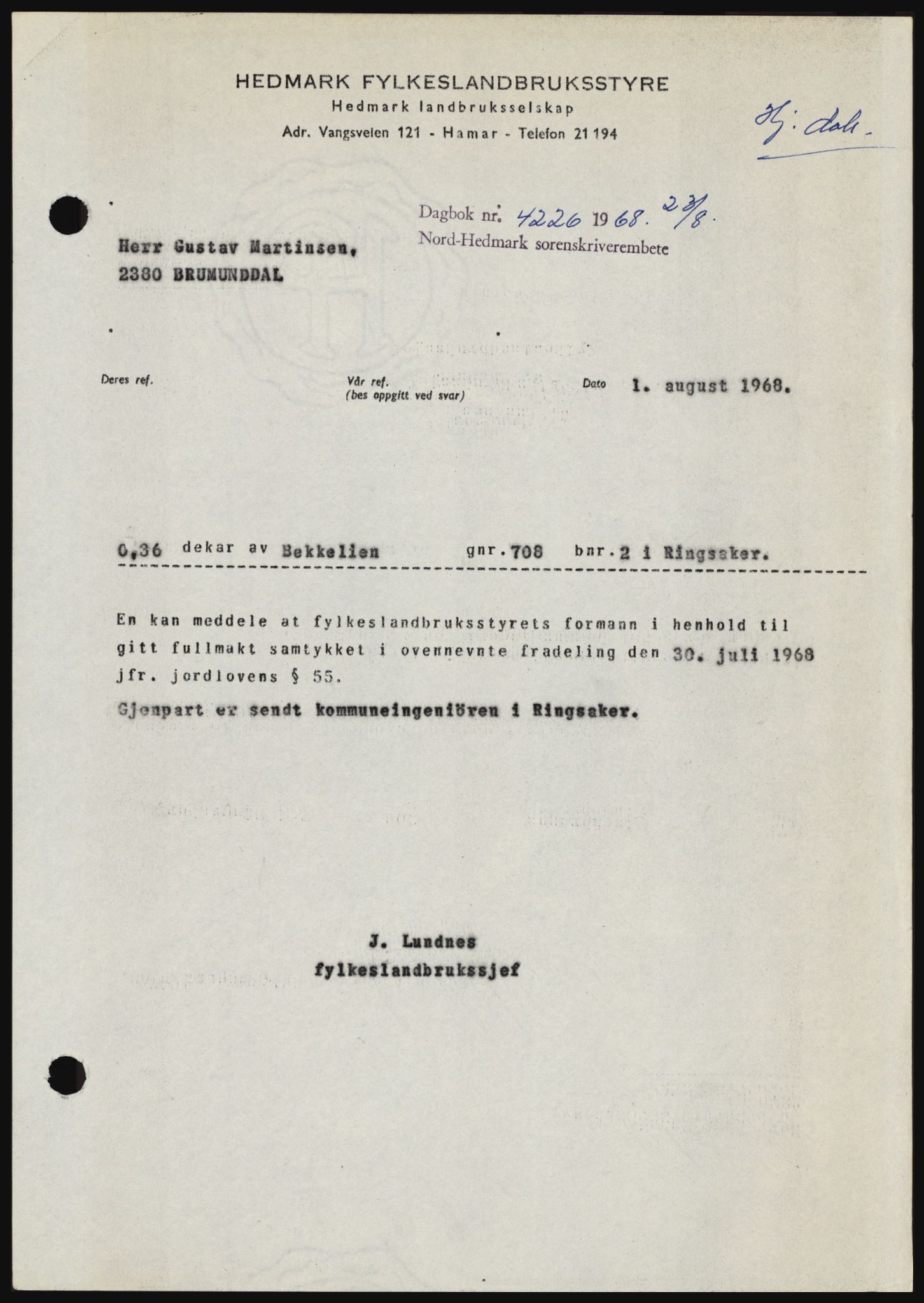 Nord-Hedmark sorenskriveri, SAH/TING-012/H/Hc/L0028: Mortgage book no. 28, 1968-1968, Diary no: : 4226/1968
