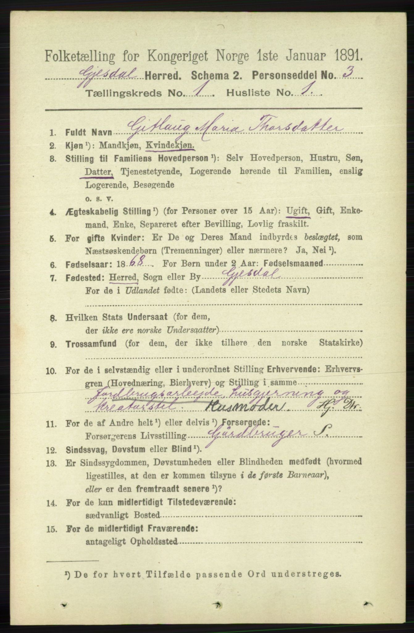 RA, 1891 census for 1122 Gjesdal, 1891, p. 62