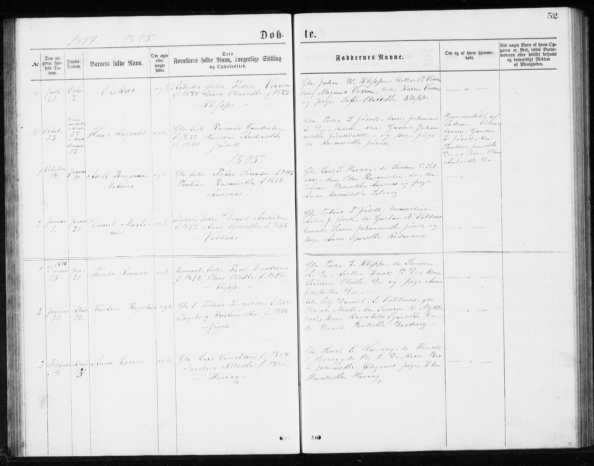 Ministerialprotokoller, klokkerbøker og fødselsregistre - Møre og Romsdal, AV/SAT-A-1454/508/L0097: Parish register (copy) no. 508C01, 1873-1897, p. 52