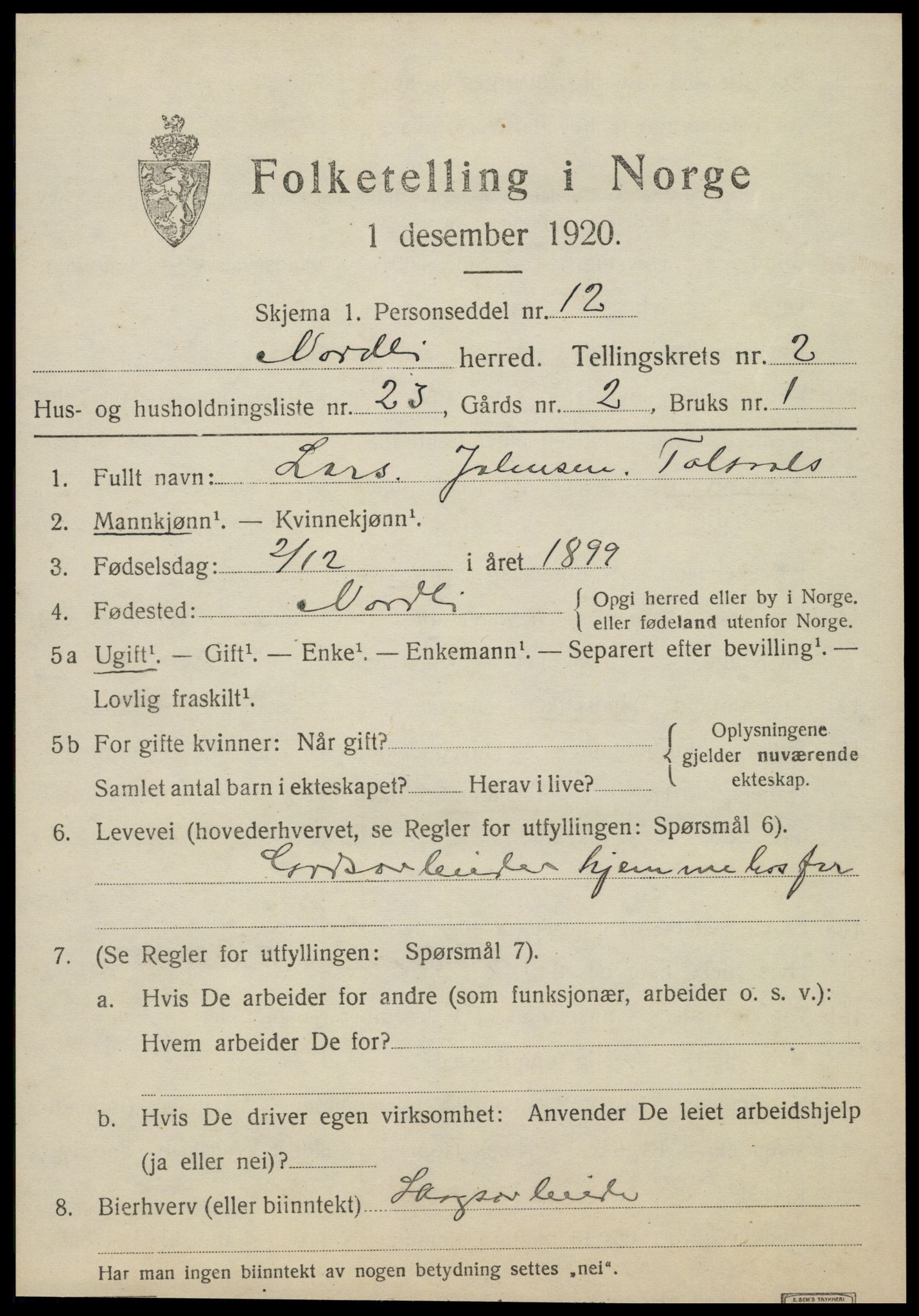 SAT, 1920 census for Nordli, 1920, p. 1099