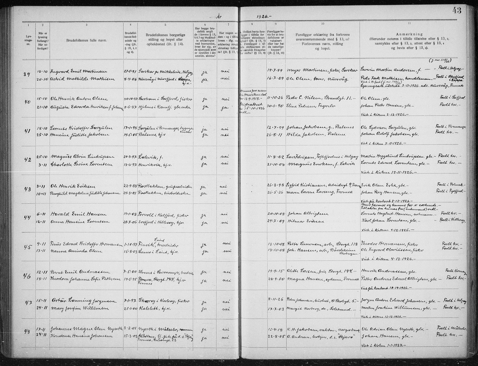 Tromsøysund sokneprestkontor, AV/SATØ-S-1304/H/Hc/L0059: Banns register no. 59, 1919-1937, p. 43