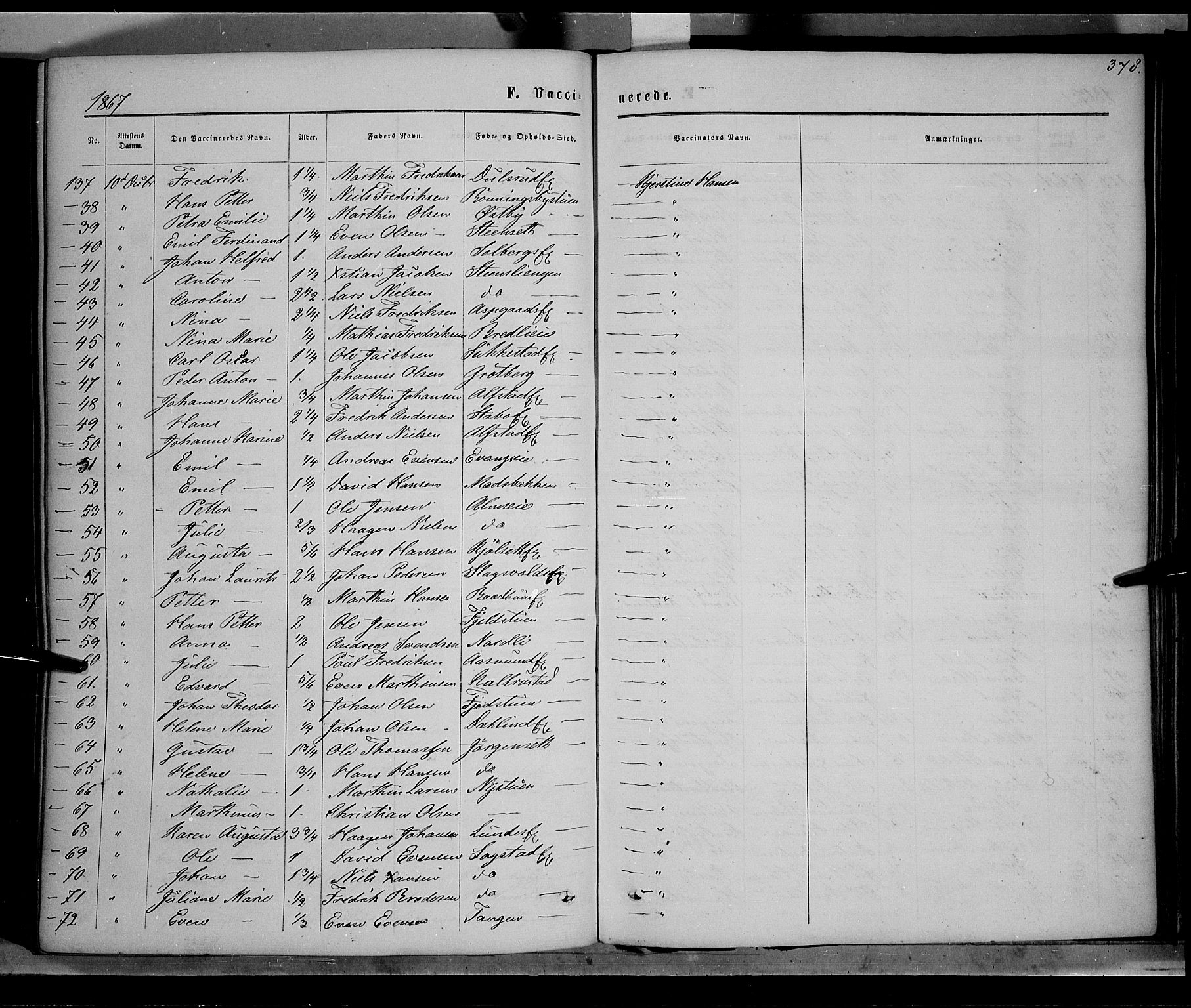 Østre Toten prestekontor, AV/SAH-PREST-104/H/Ha/Haa/L0005: Parish register (official) no. 5, 1866-1877, p. 378