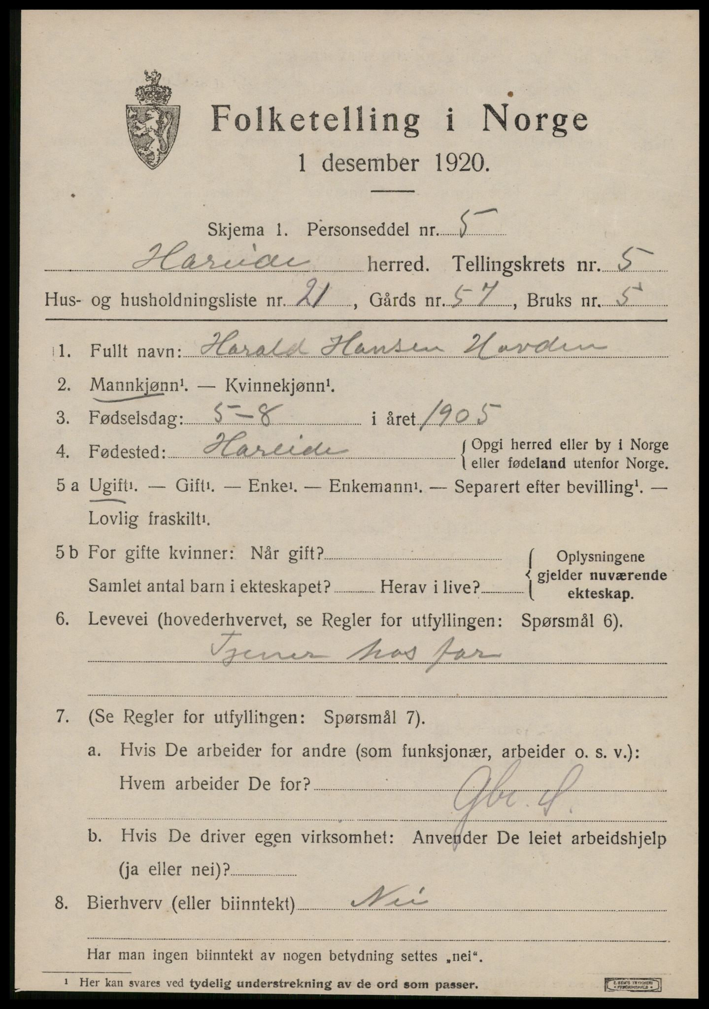 SAT, 1920 census for Hareid, 1920, p. 2157