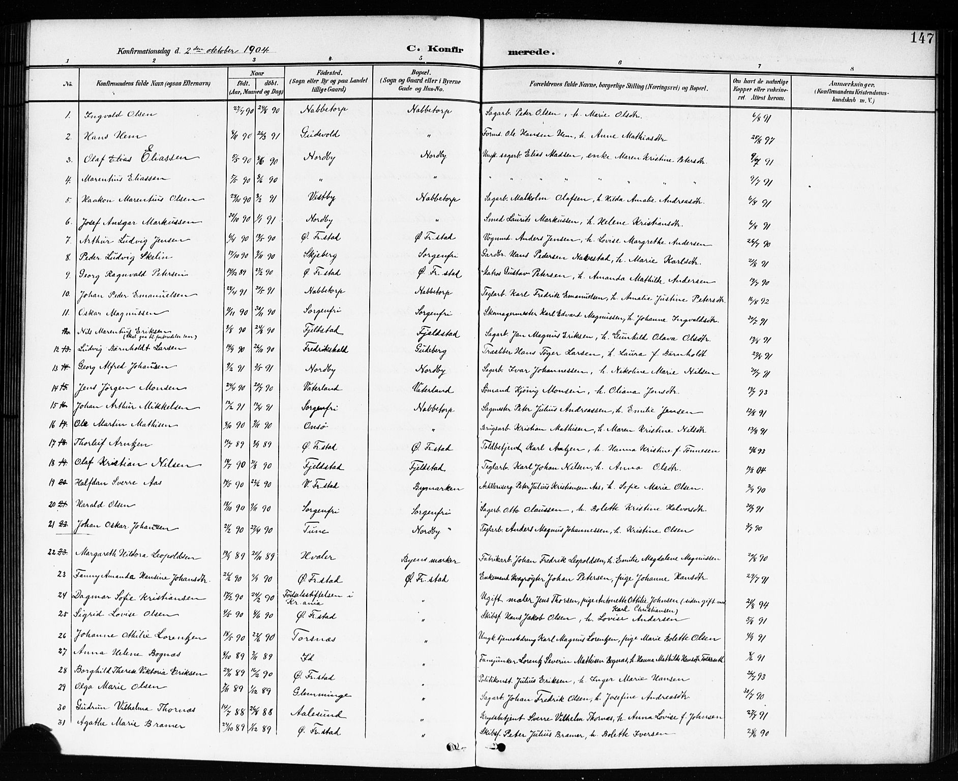 Østre Fredrikstad prestekontor Kirkebøker, SAO/A-10907/G/Ga/L0002: Parish register (copy) no. 2, 1900-1919, p. 147