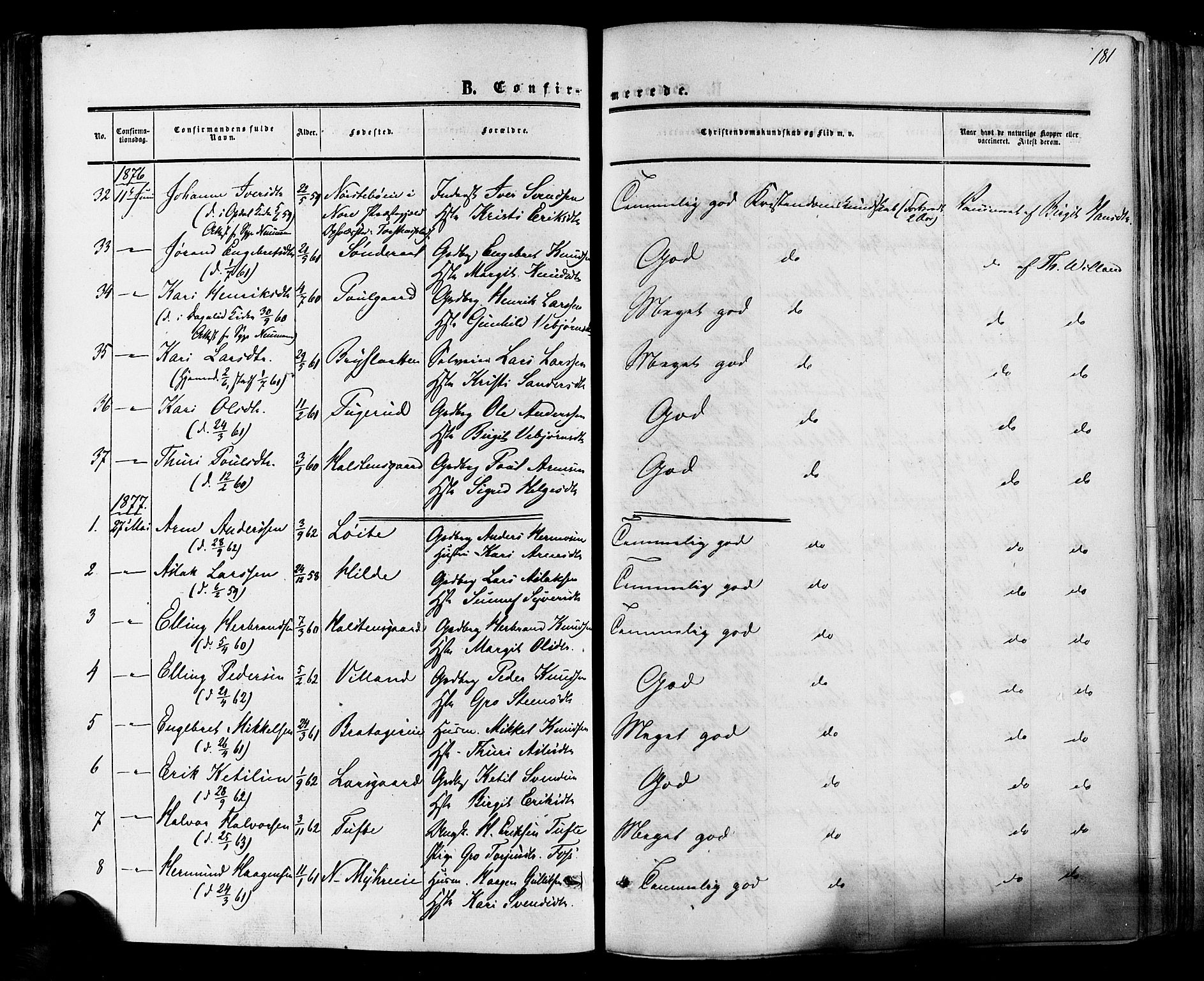 Hol kirkebøker, SAKO/A-227/F/Fa/L0002: Parish register (official) no. I 2, 1870-1886, p. 181