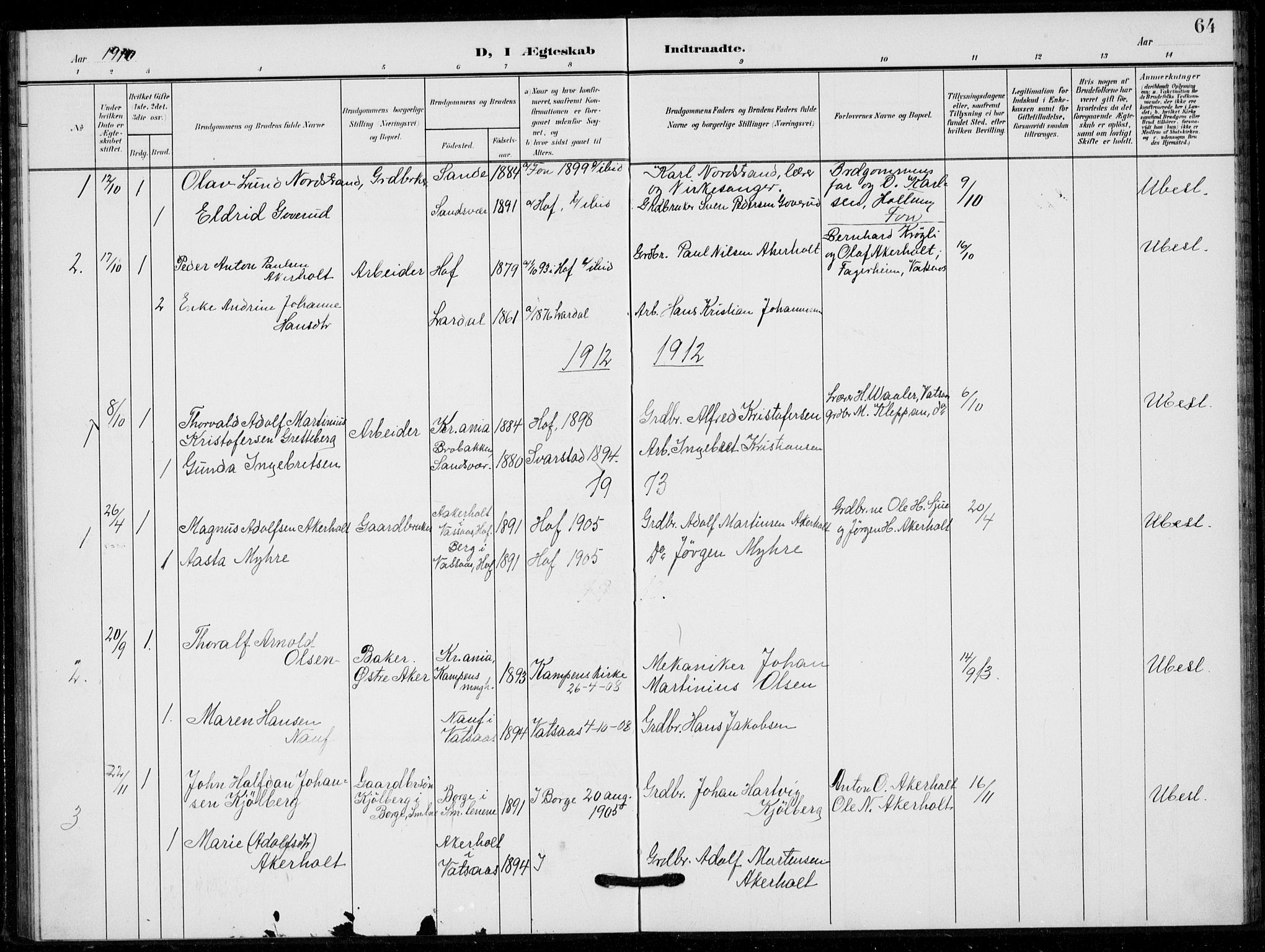Hof kirkebøker, AV/SAKO-A-64/G/Gb/L0003: Parish register (copy) no. II 3, 1902-1917, p. 64