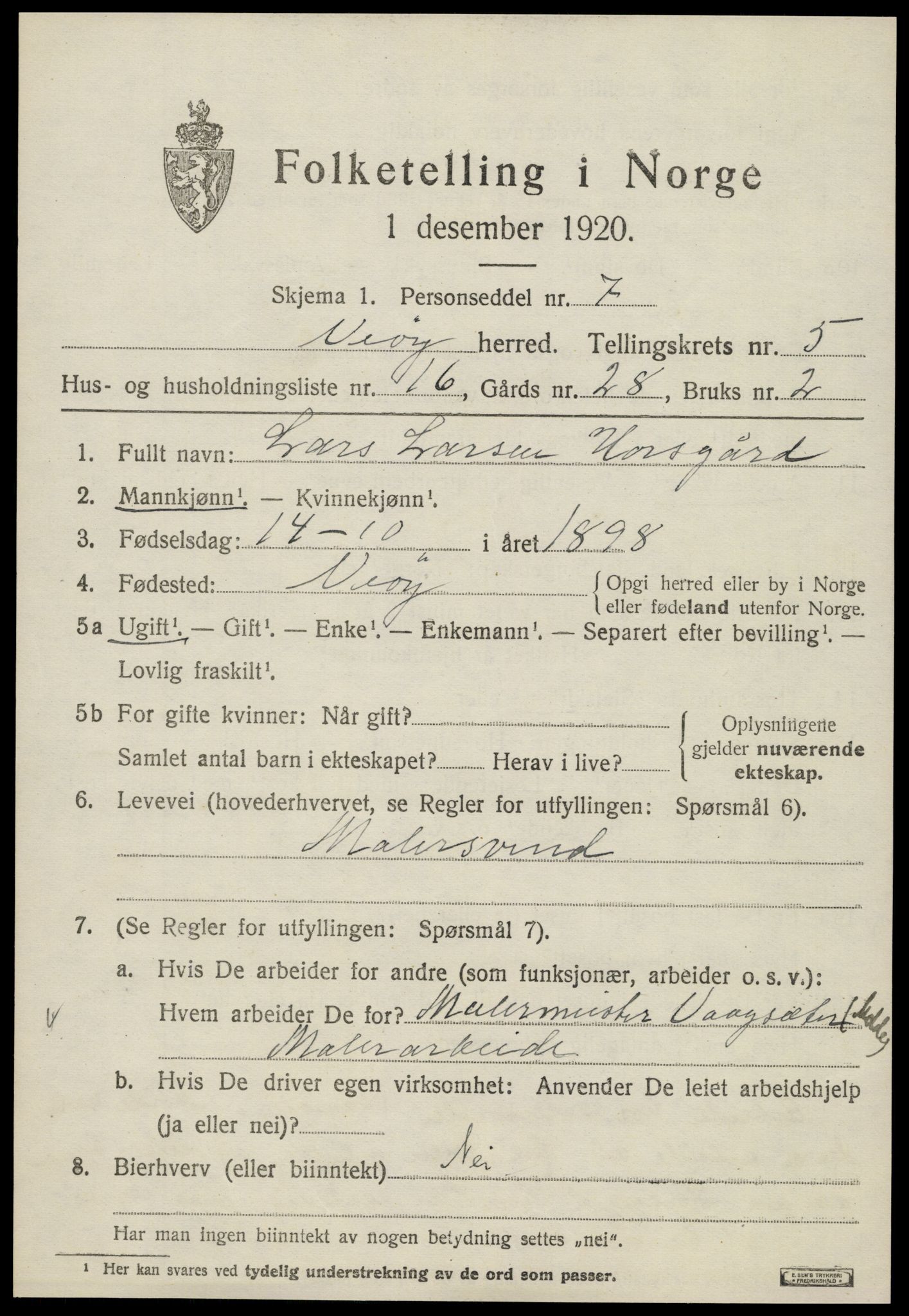 SAT, 1920 census for Veøy, 1920, p. 2523