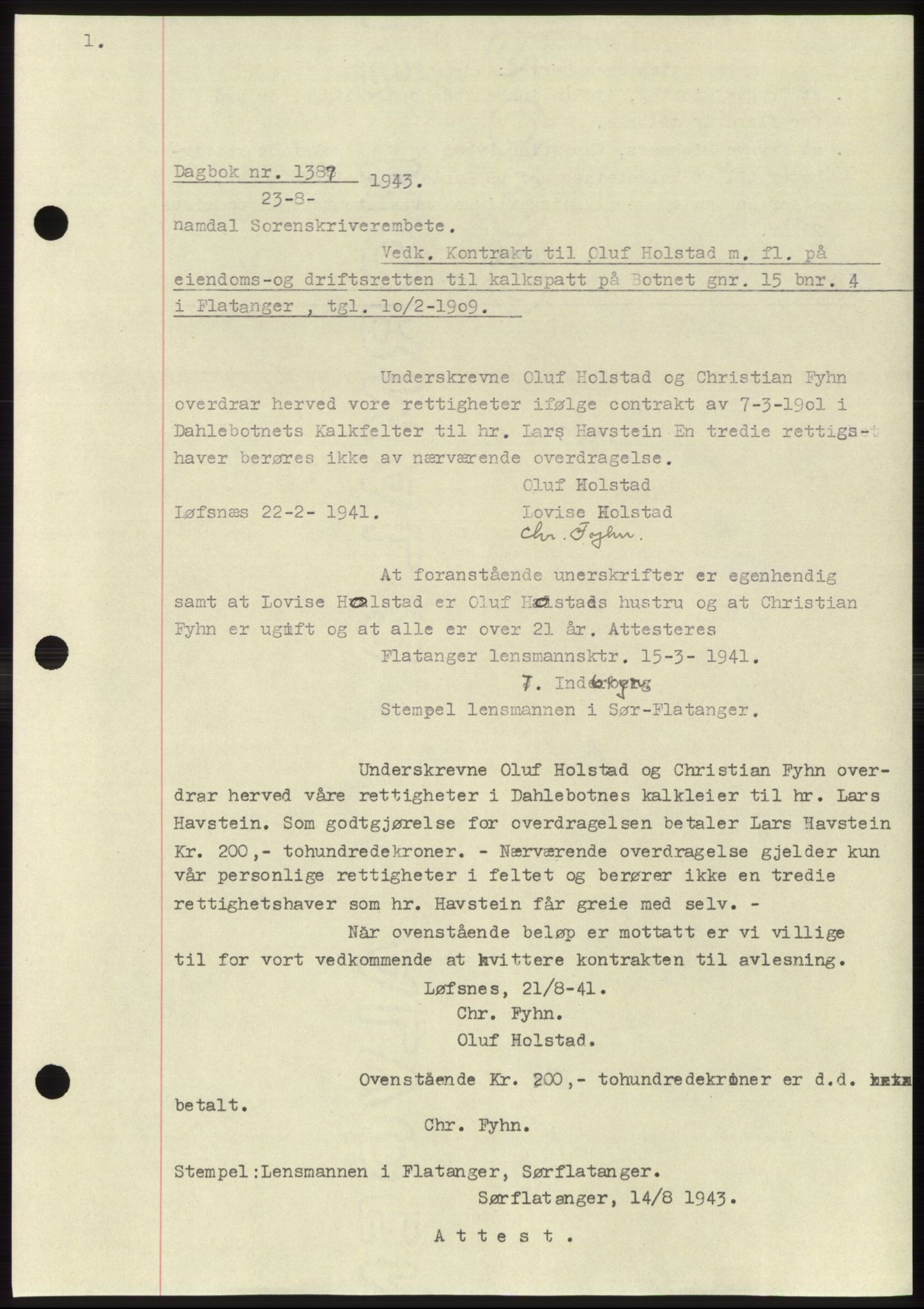 Namdal sorenskriveri, AV/SAT-A-4133/1/2/2C: Mortgage book no. -, 1943-1944, Diary no: : 1387/1943