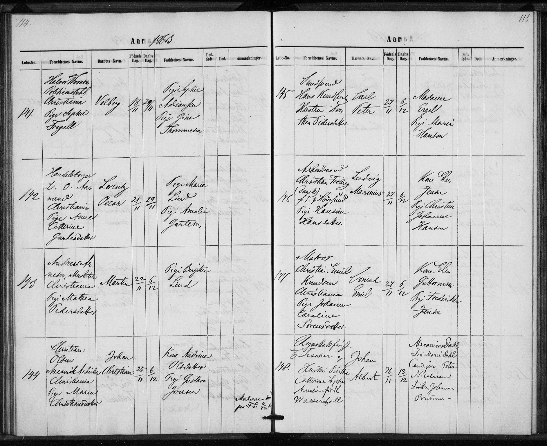 Rikshospitalet prestekontor Kirkebøker, AV/SAO-A-10309b/K/L0002/0002: Baptism register no. 2.2, 1860-1868, p. 114-115