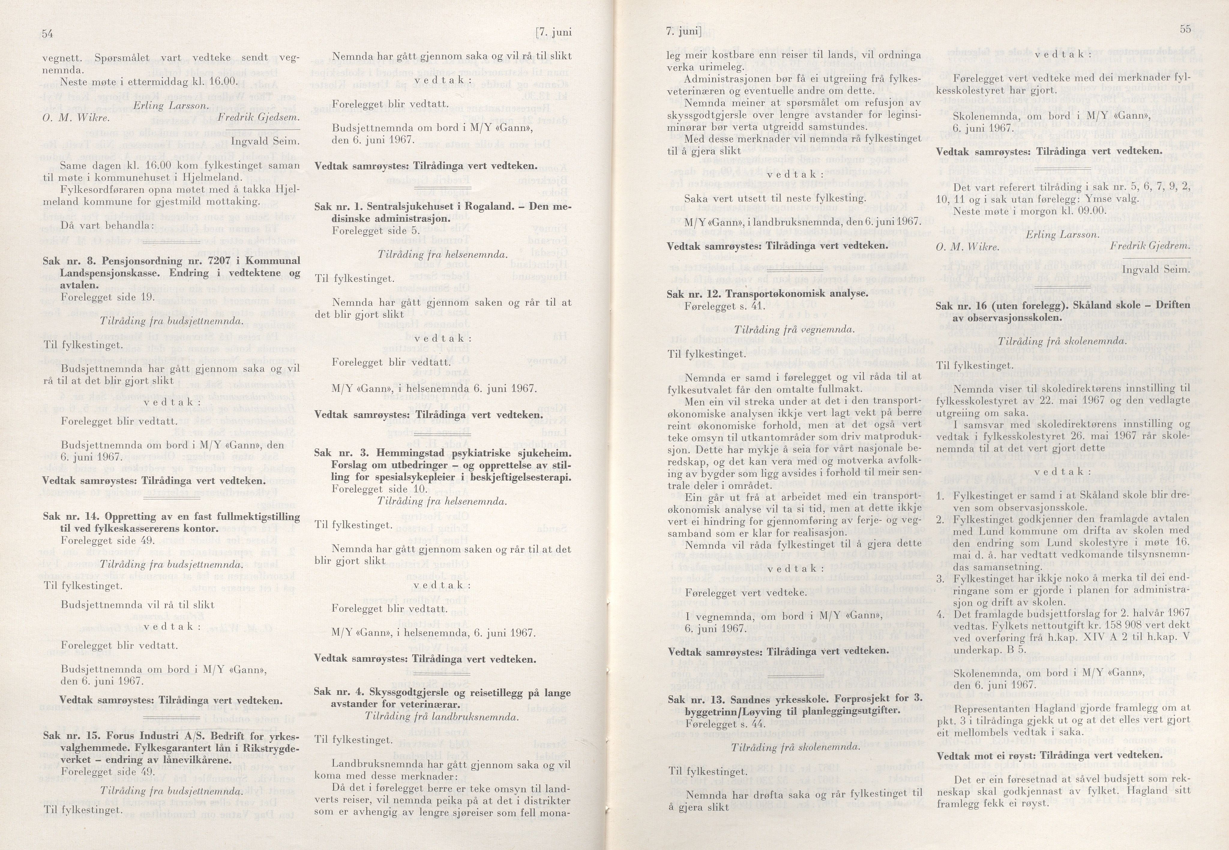 Rogaland fylkeskommune - Fylkesrådmannen , IKAR/A-900/A/Aa/Aaa/L0087: Møtebok , 1967, p. 54-55