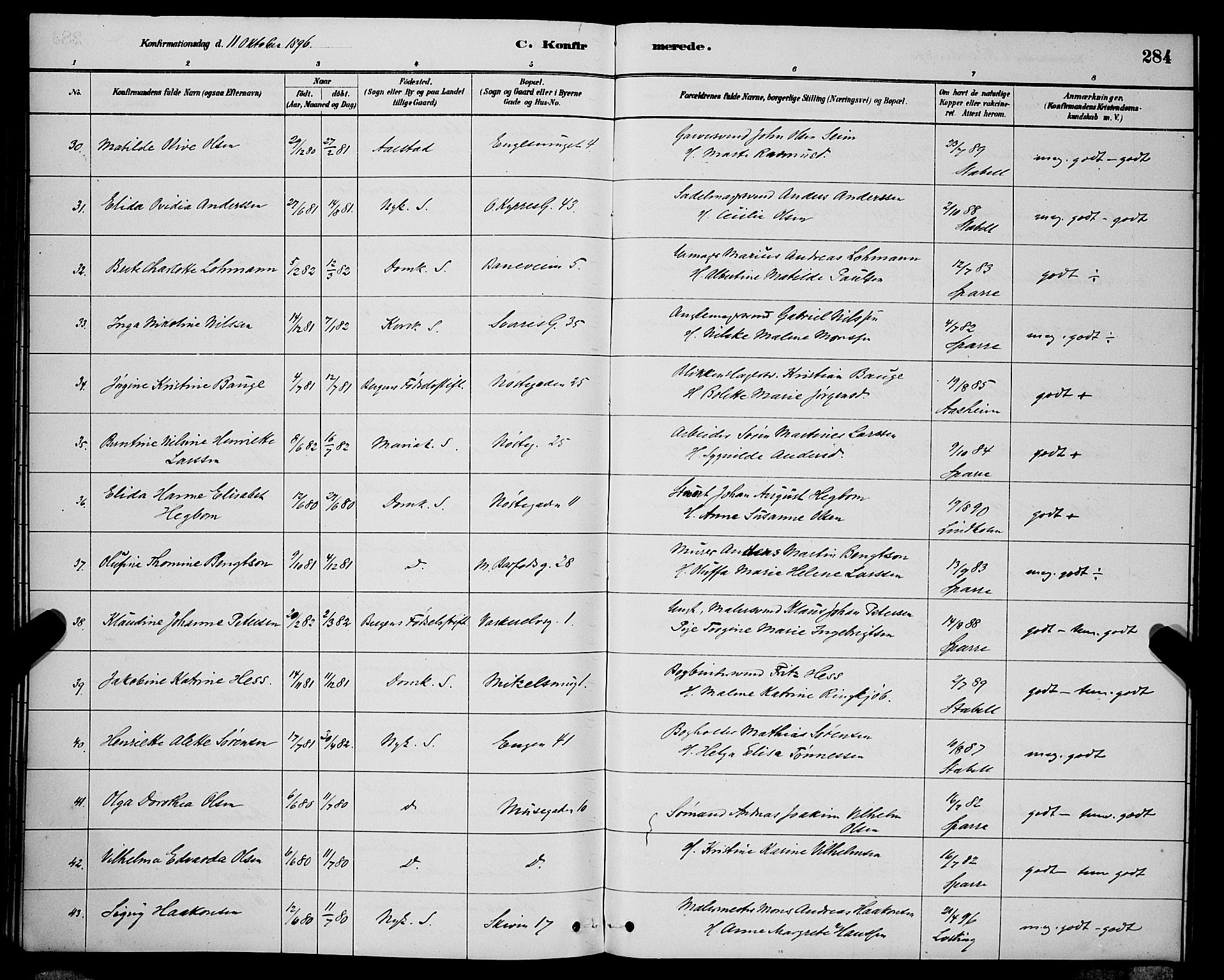 Domkirken sokneprestembete, AV/SAB-A-74801/H/Hab/L0024: Parish register (copy) no. C 4, 1880-1899, p. 284