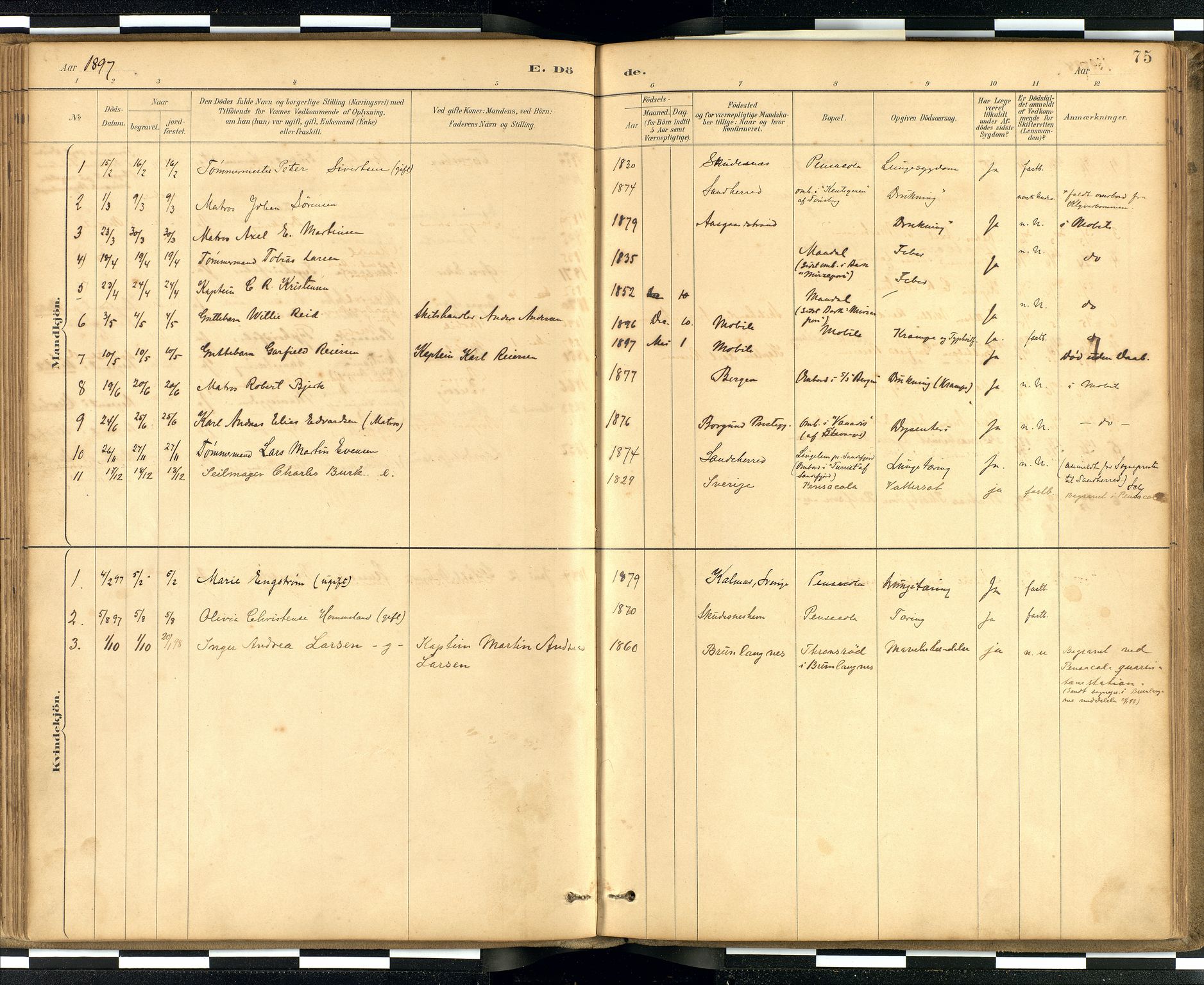 Den norske sjømannsmisjon i utlandet / Quebec (Canada) samt Pensacola--Savannah-Mobile-New Orleans-Gulfport (Gulfhamnene i USA), AV/SAB-SAB/PA-0114/H/Ha/L0001: Parish register (official) no. A 1, 1887-1924, p. 74b-75a