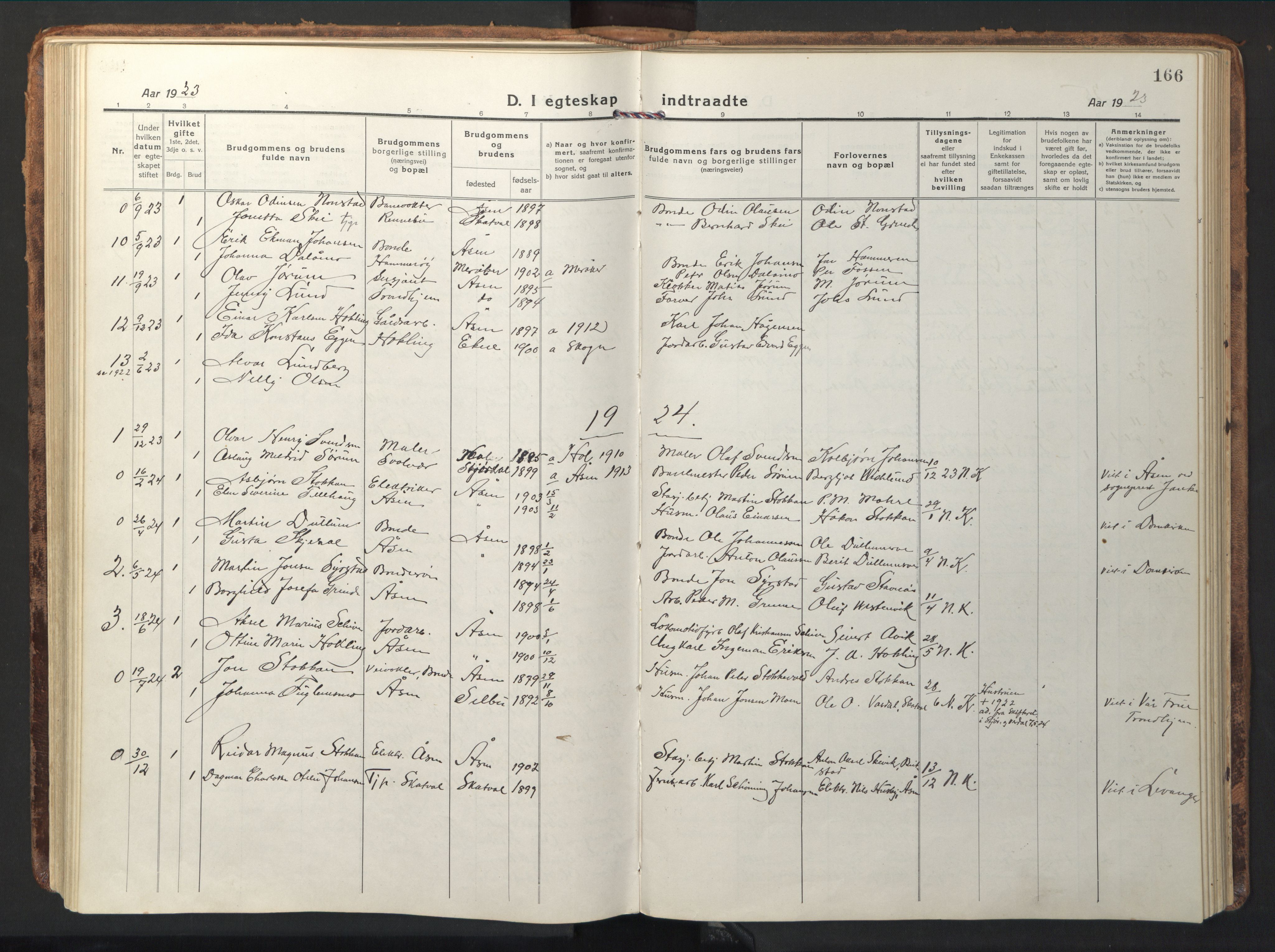 Ministerialprotokoller, klokkerbøker og fødselsregistre - Nord-Trøndelag, SAT/A-1458/714/L0136: Parish register (copy) no. 714C05, 1918-1957, p. 166