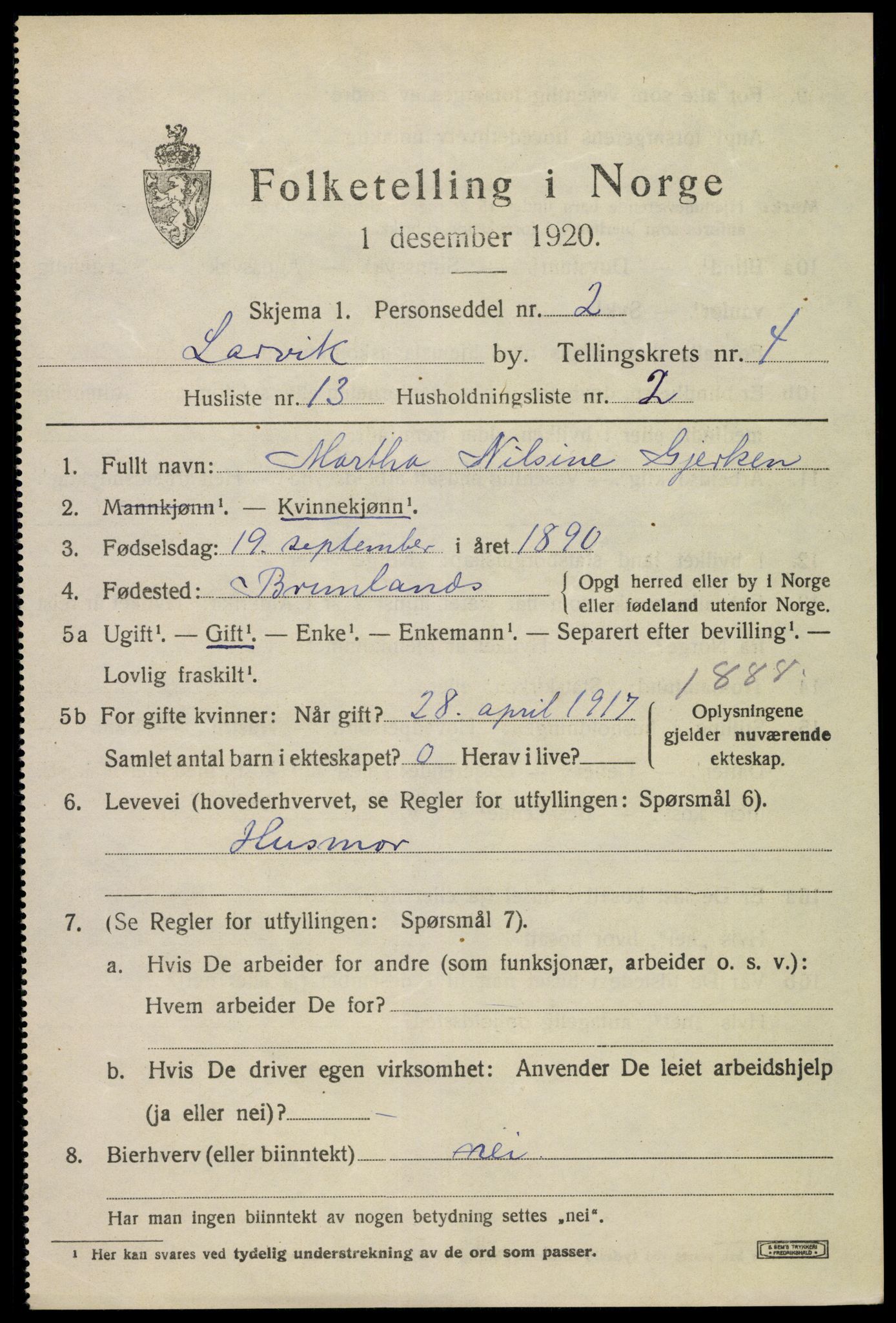 SAKO, 1920 census for Larvik, 1920, p. 13648