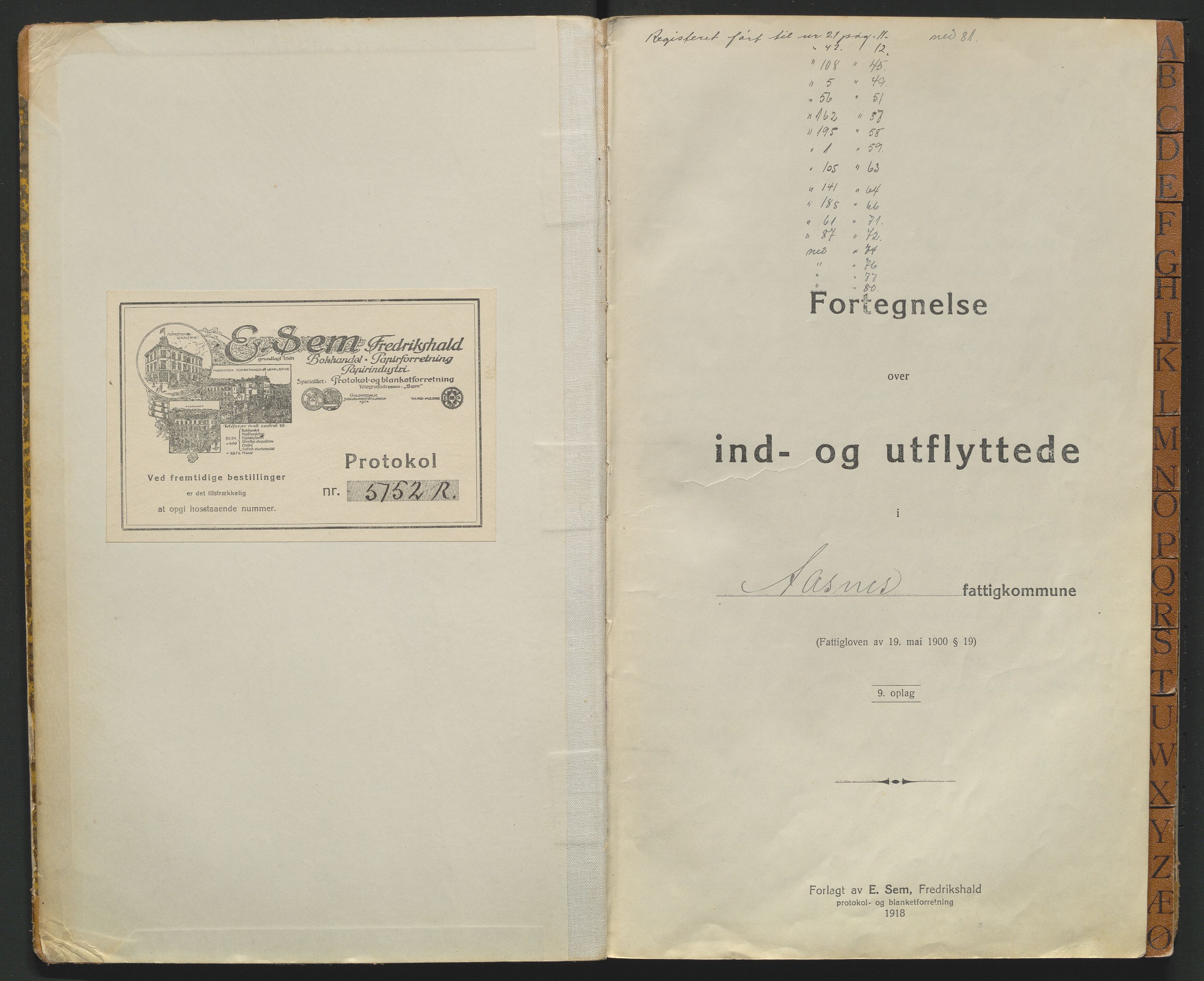 Åsnes lensmannskontor, AV/SAH-LHÅ-025/L/La/L0001/0001: Protokoller over inn- og utflyttede / Protokoll over inn- og utflyttede, 1919-1928