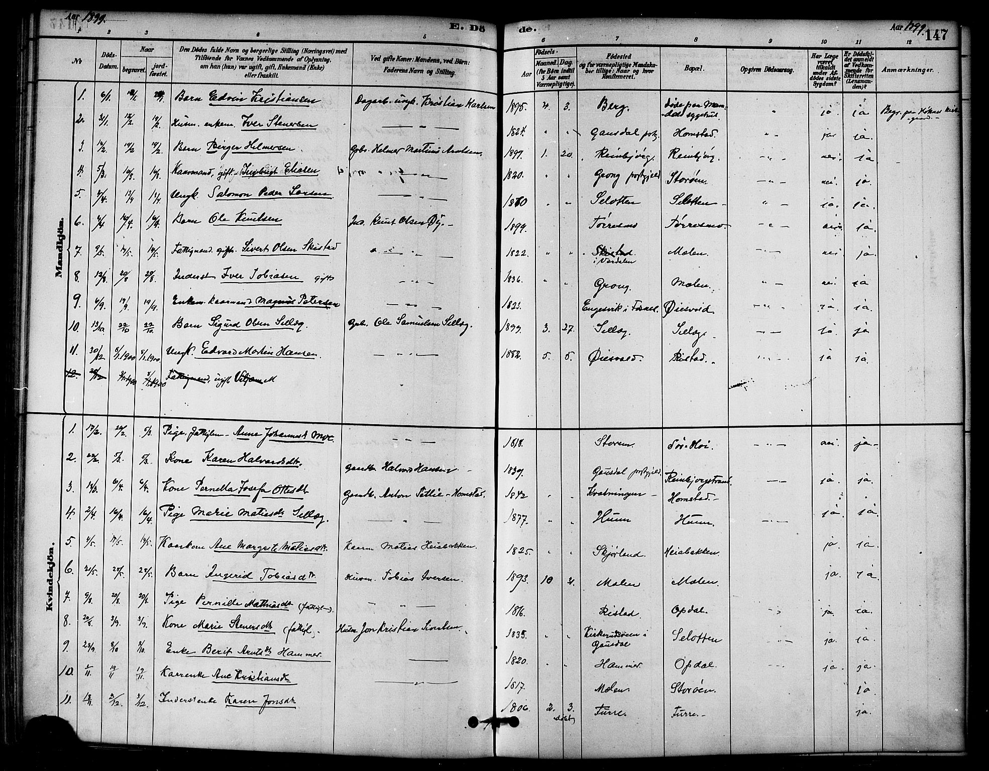 Ministerialprotokoller, klokkerbøker og fødselsregistre - Nord-Trøndelag, SAT/A-1458/766/L0563: Parish register (official) no. 767A01, 1881-1899, p. 147
