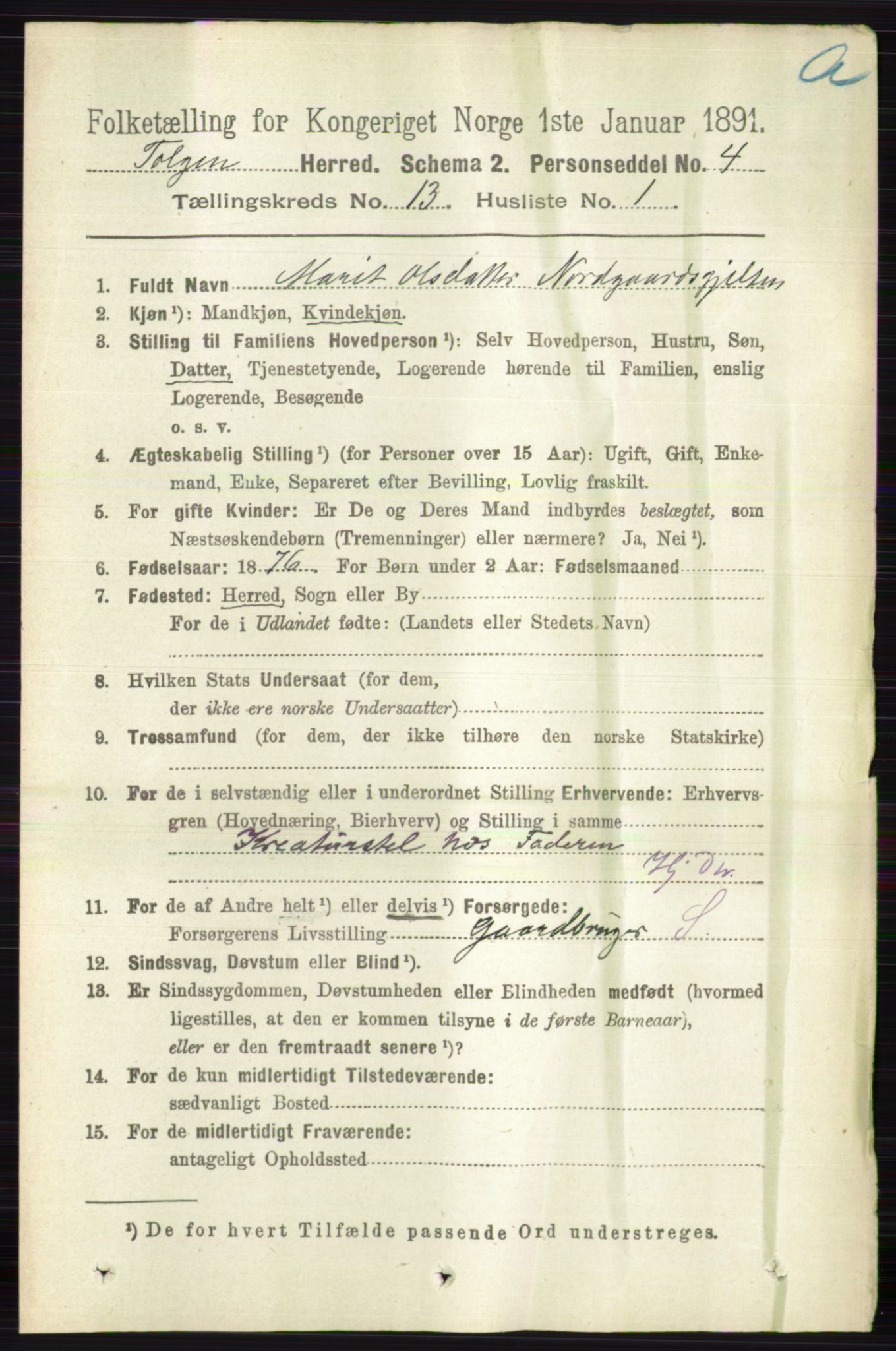 RA, 1891 census for 0436 Tolga, 1891, p. 3883