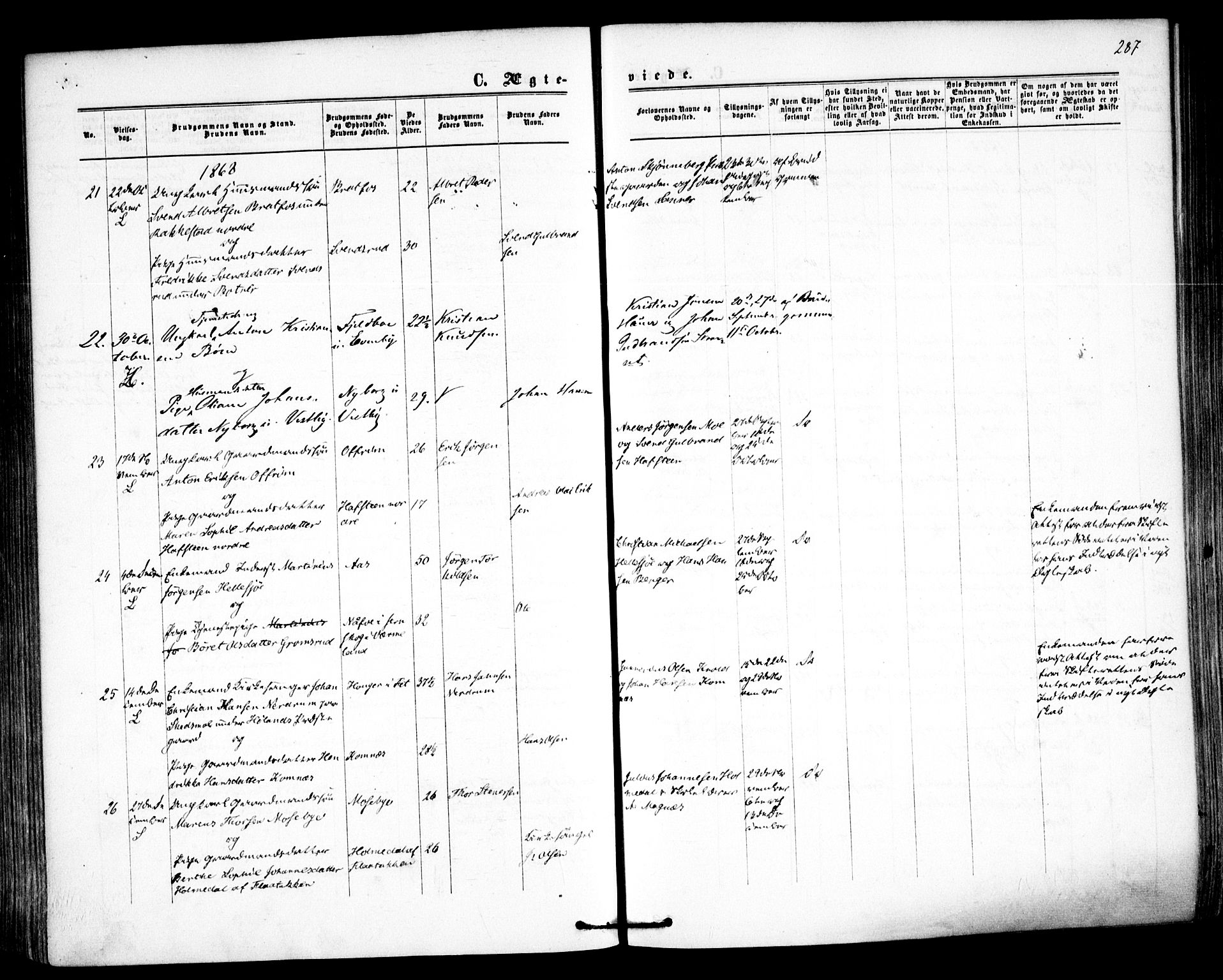 Høland prestekontor Kirkebøker, AV/SAO-A-10346a/F/Fa/L0011: Parish register (official) no. I 11, 1862-1869, p. 287