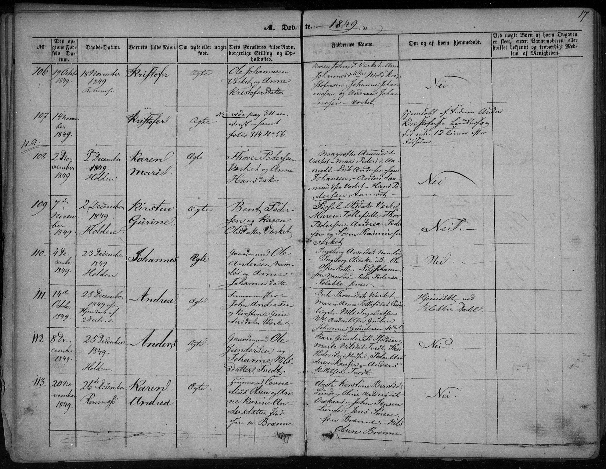 Holla kirkebøker, SAKO/A-272/F/Fa/L0005: Parish register (official) no. 5, 1849-1860, p. 17