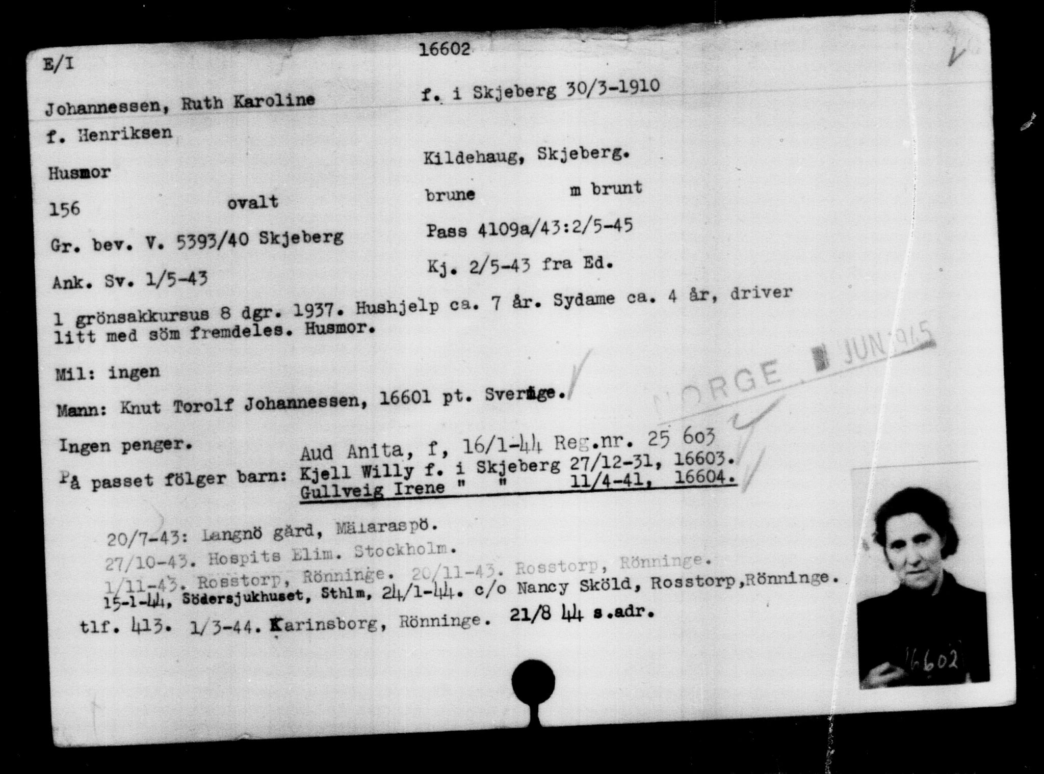 Utenriksstasjonene, Legasjonen i Stockholm, Flyktningkontoret, AV/RA-S-6753/V/Va/L0008: Kjesäterkartoteket, flyktninger med registreringsnr. 15700-18547, 1940-1945, p. 993