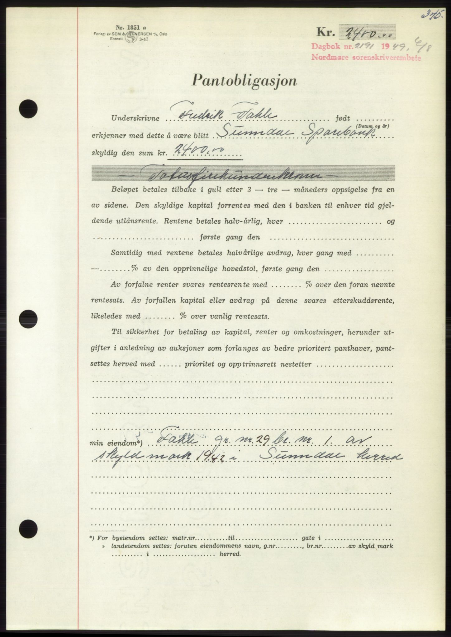 Nordmøre sorenskriveri, AV/SAT-A-4132/1/2/2Ca: Mortgage book no. B102, 1949-1949, Diary no: : 2191/1949