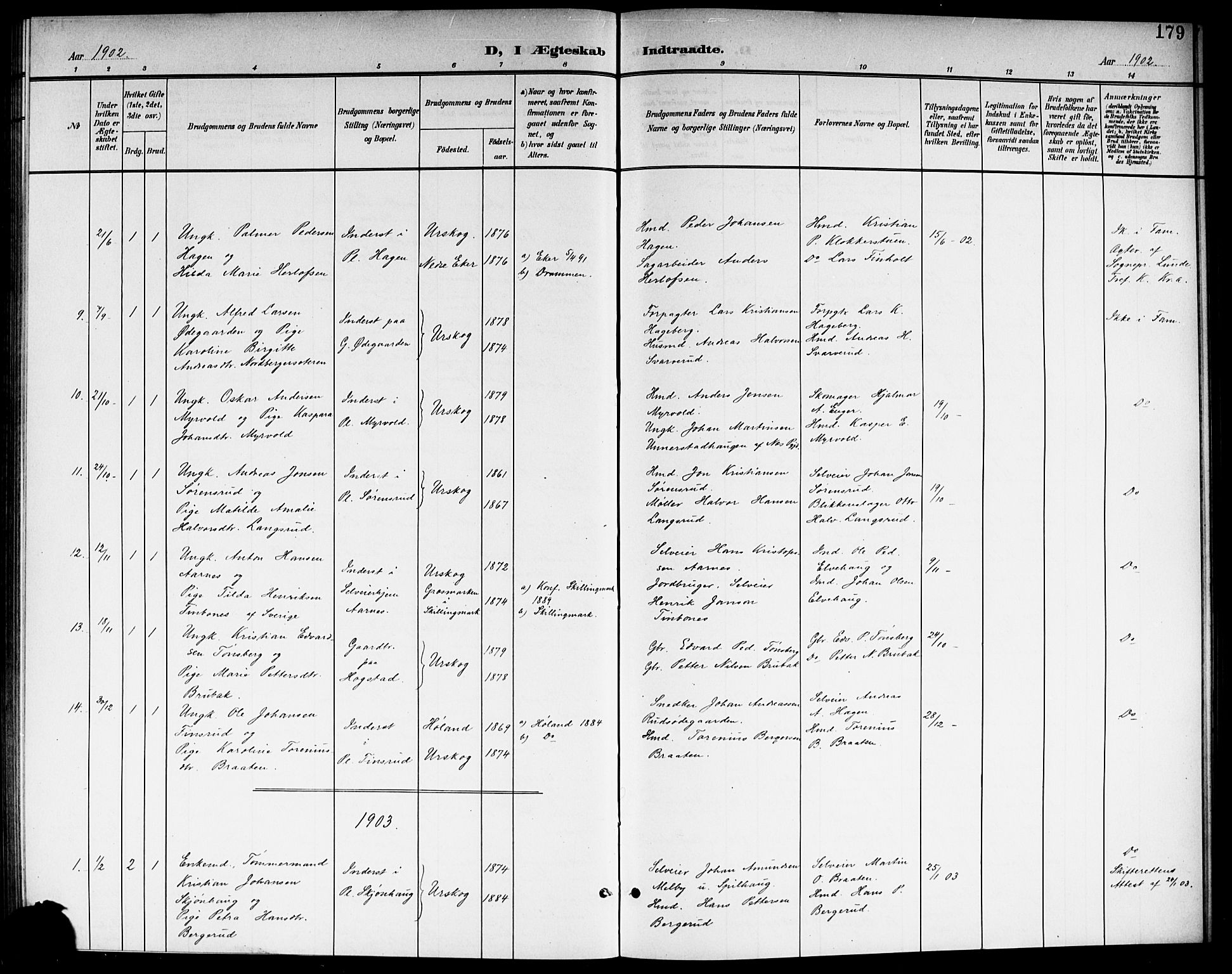 Aurskog prestekontor Kirkebøker, AV/SAO-A-10304a/G/Ga/L0004: Parish register (copy) no. I 4, 1901-1921, p. 179