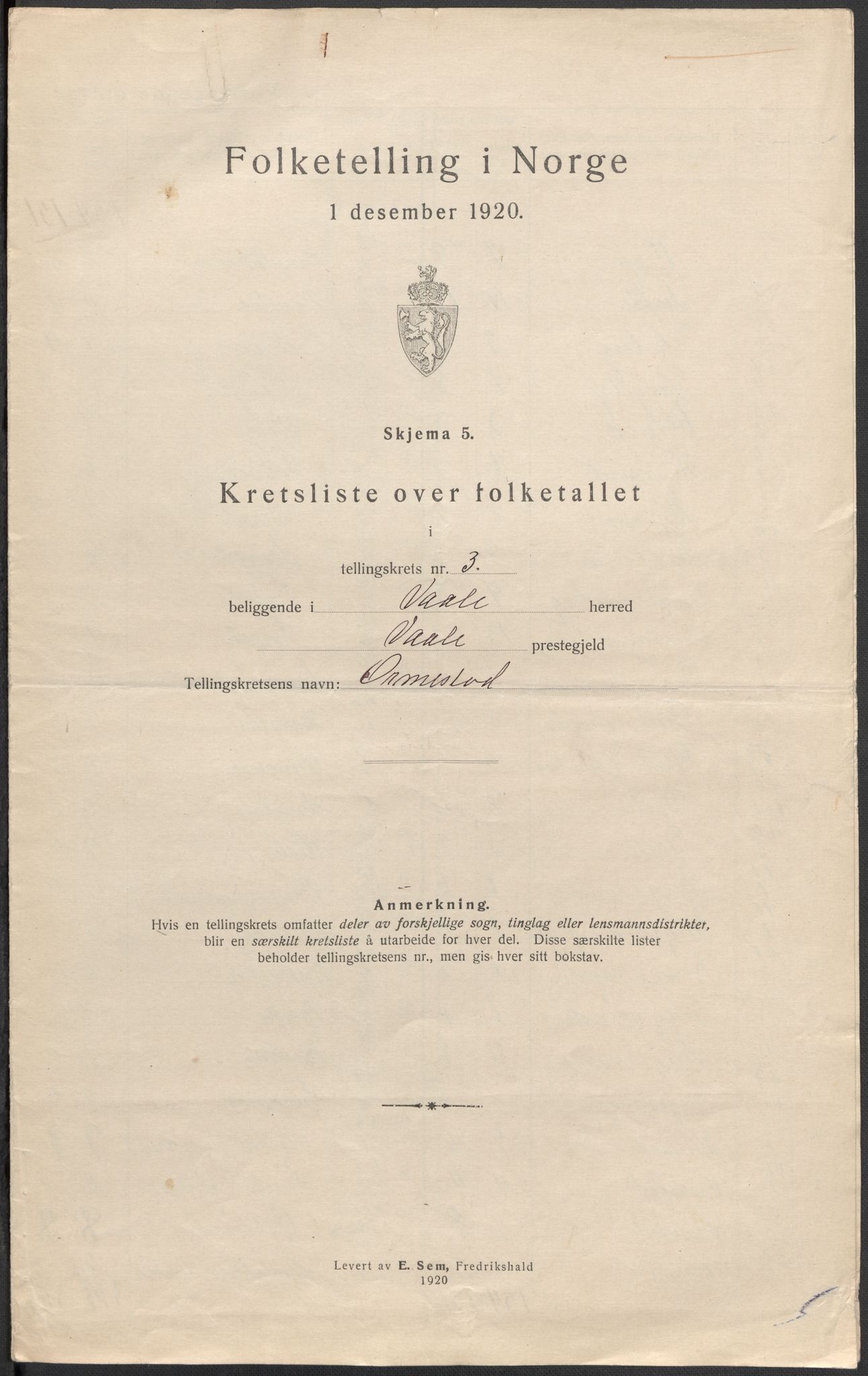 SAKO, 1920 census for Våle, 1920, p. 13
