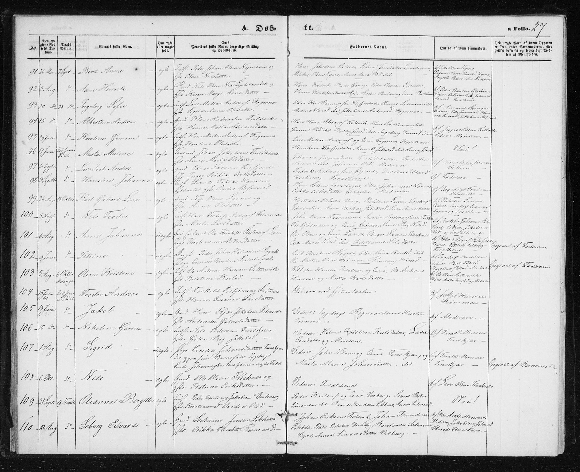 Lenvik sokneprestembete, SATØ/S-1310/H/Ha/Hab/L0004klokker: Parish register (copy) no. 4, 1859-1869, p. 27