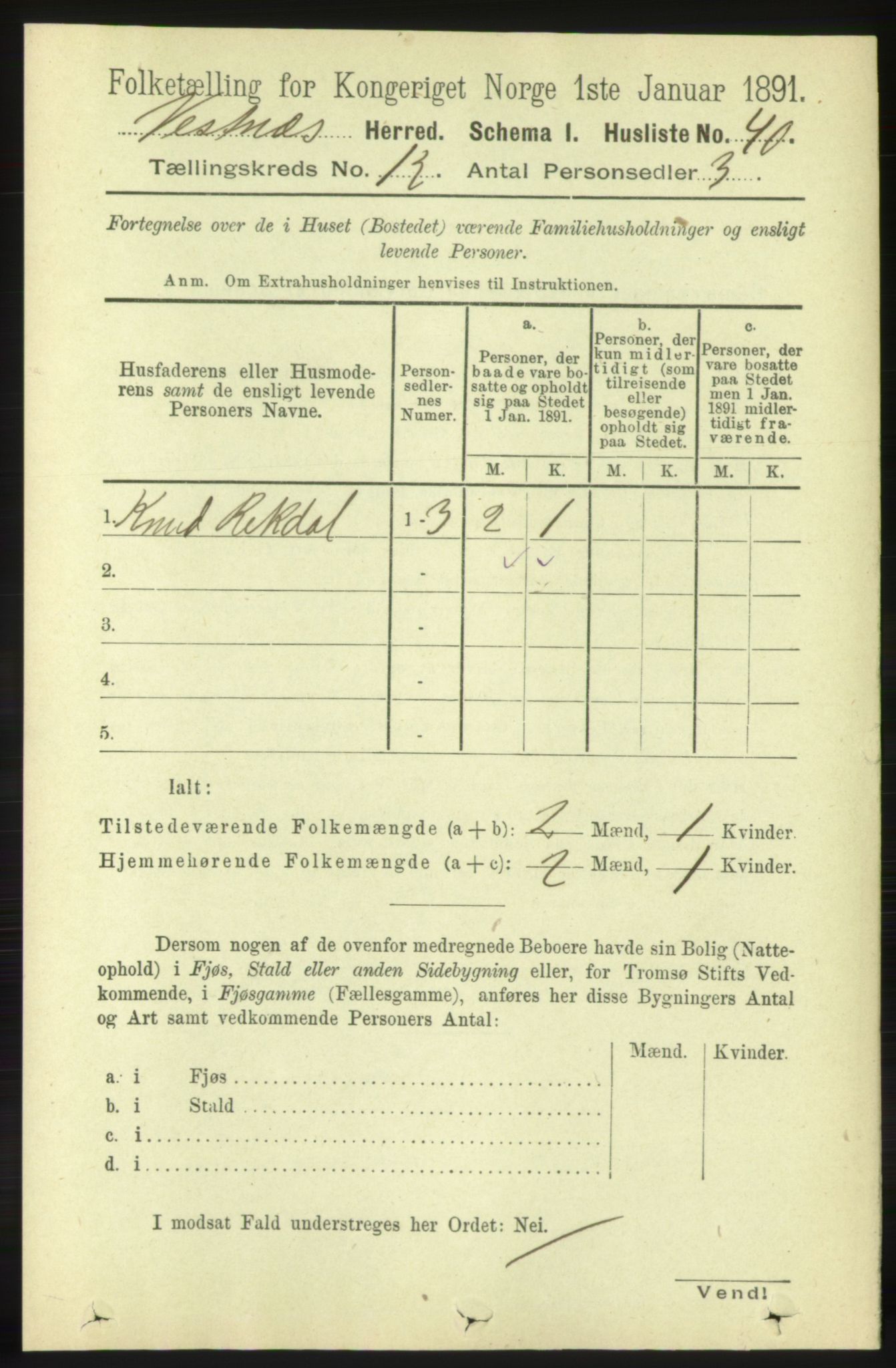 RA, 1891 census for 1535 Vestnes, 1891, p. 4408