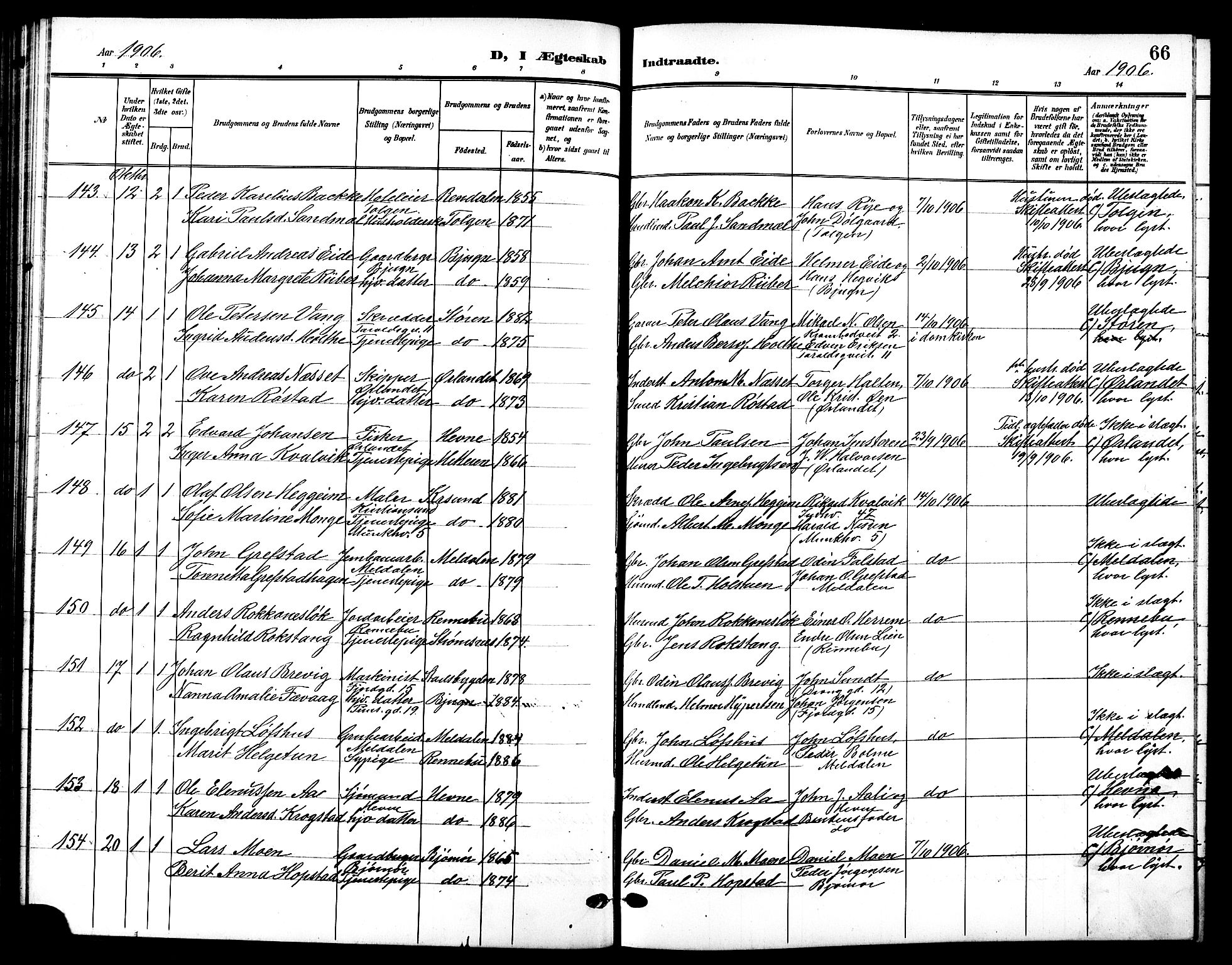 Ministerialprotokoller, klokkerbøker og fødselsregistre - Sør-Trøndelag, AV/SAT-A-1456/601/L0095: Parish register (copy) no. 601C13, 1902-1911, p. 66