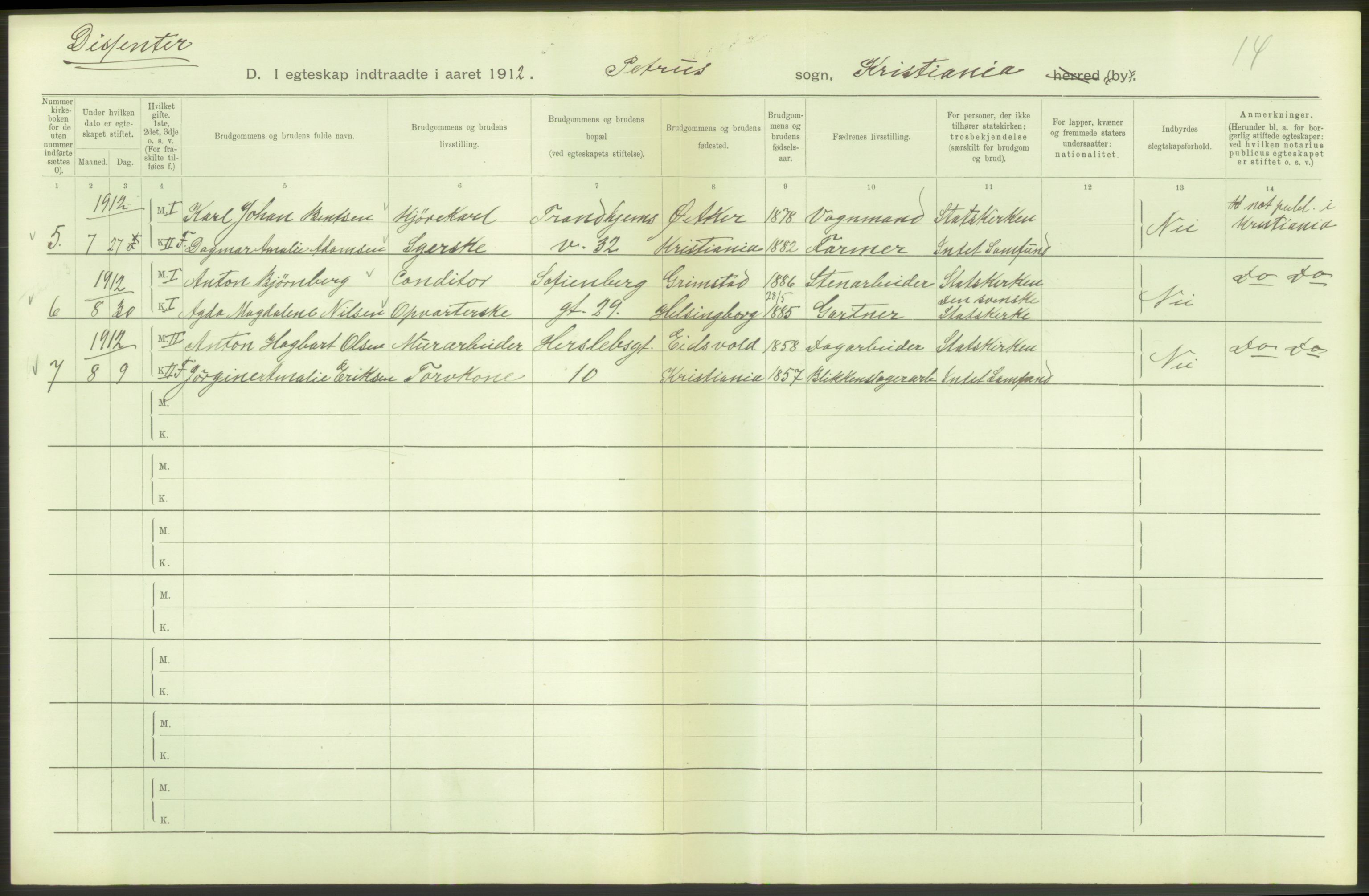 Statistisk sentralbyrå, Sosiodemografiske emner, Befolkning, RA/S-2228/D/Df/Dfb/Dfbb/L0008: Kristiania: Gifte, 1912, p. 366