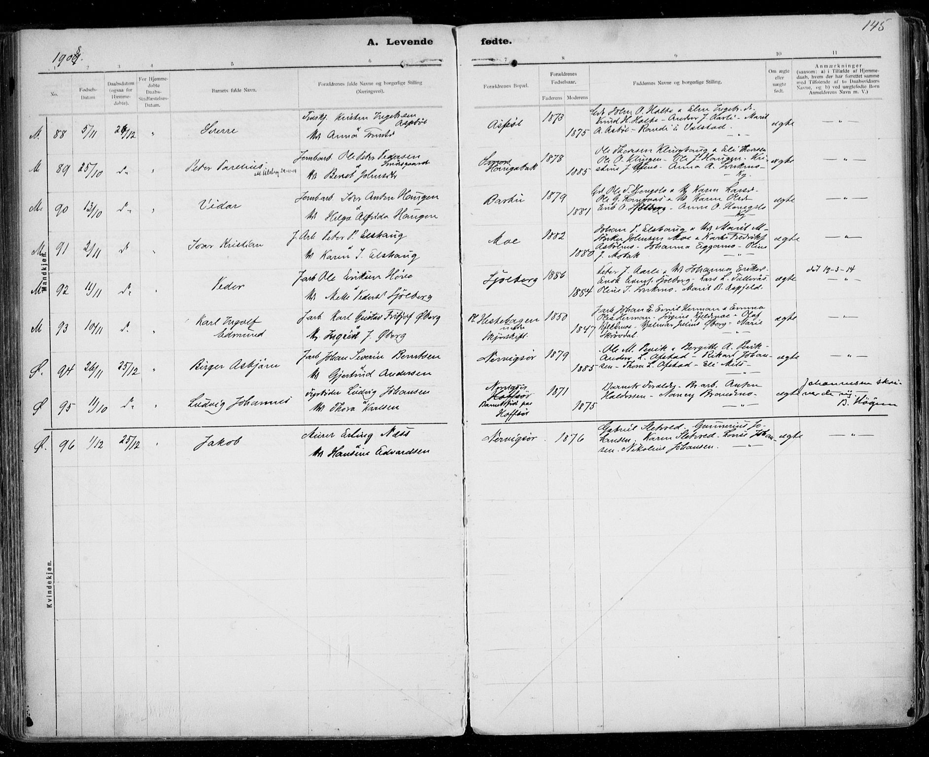 Ministerialprotokoller, klokkerbøker og fødselsregistre - Sør-Trøndelag, SAT/A-1456/668/L0811: Parish register (official) no. 668A11, 1894-1913, p. 145