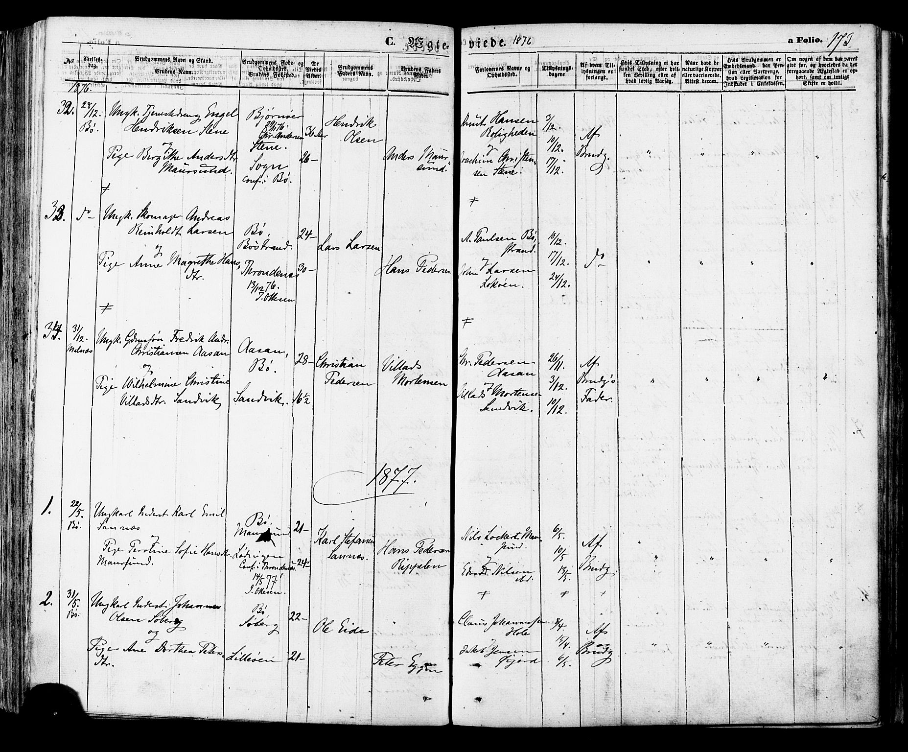 Ministerialprotokoller, klokkerbøker og fødselsregistre - Nordland, AV/SAT-A-1459/891/L1301: Parish register (official) no. 891A06, 1870-1878, p. 173