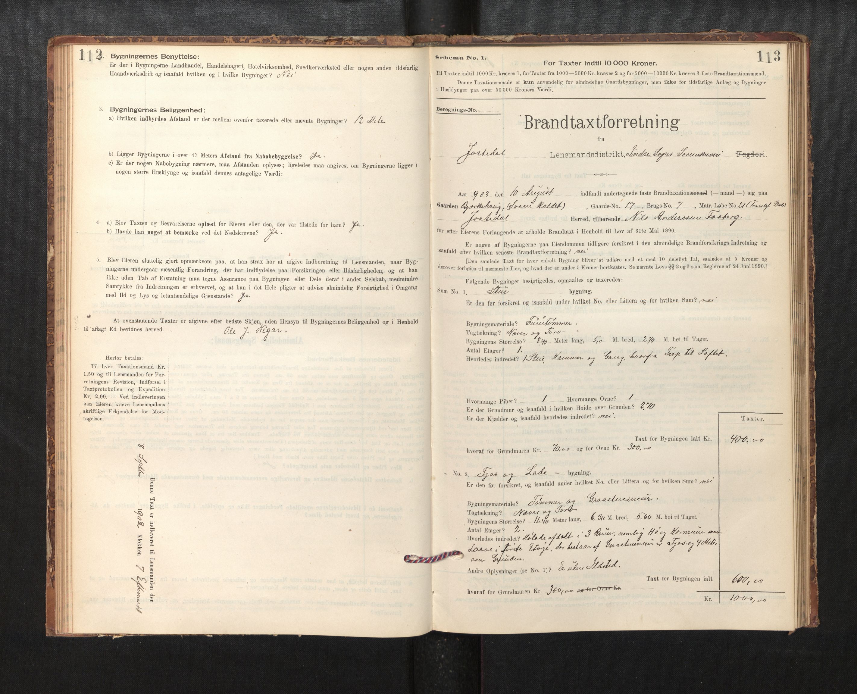 Lensmannen i Jostedal, SAB/A-28601/0012/L0003: Branntakstprotokoll, skjematakst, 1895-1906, p. 112-113