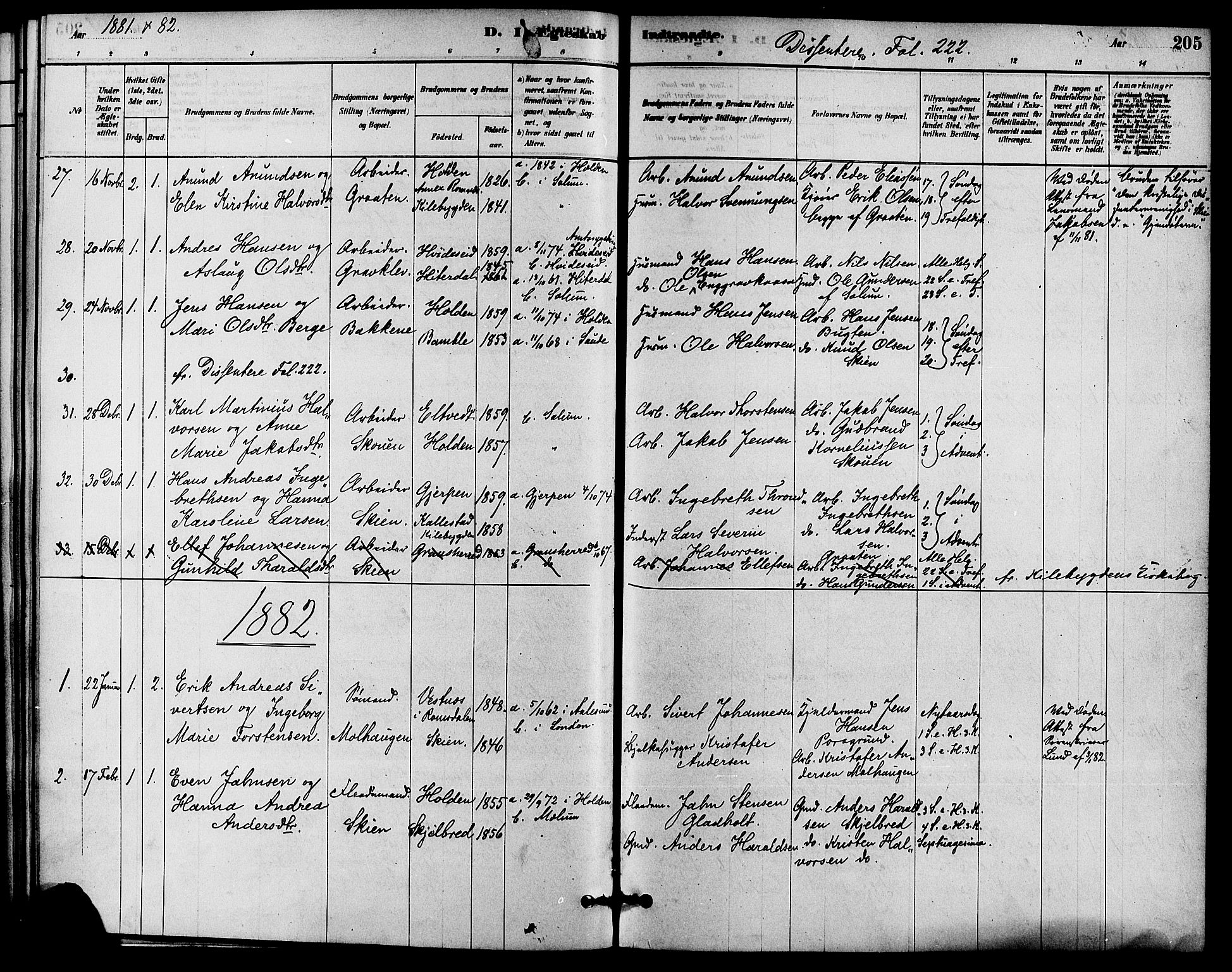 Solum kirkebøker, AV/SAKO-A-306/F/Fa/L0009: Parish register (official) no. I 9, 1877-1887, p. 205