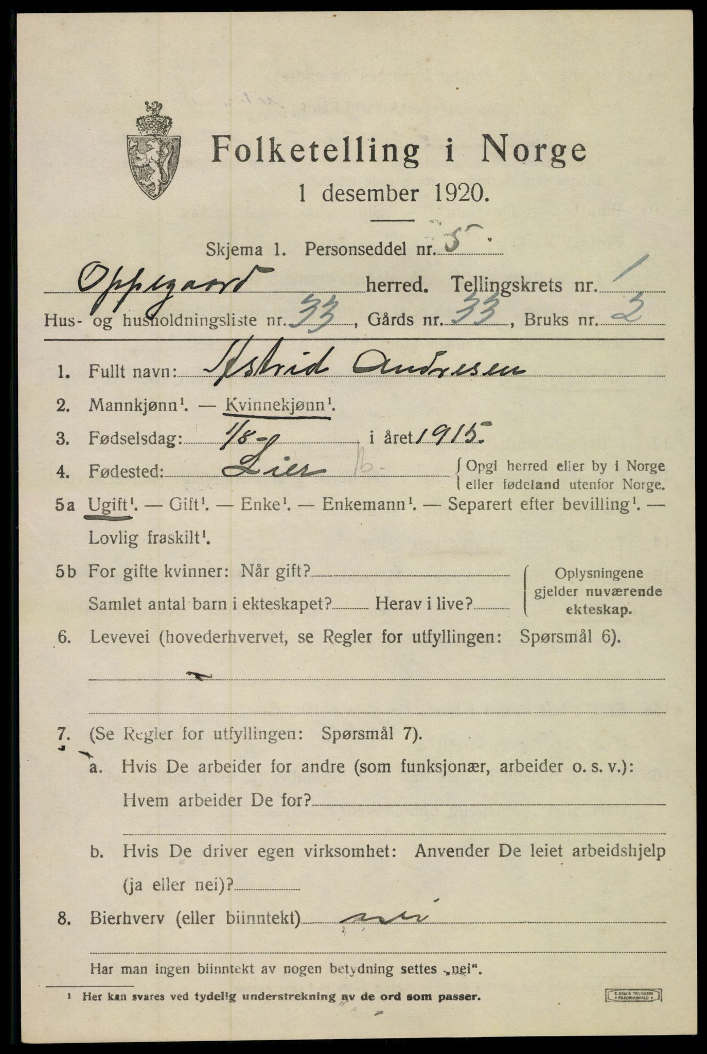 SAO, 1920 census for Oppegård, 1920, p. 1703