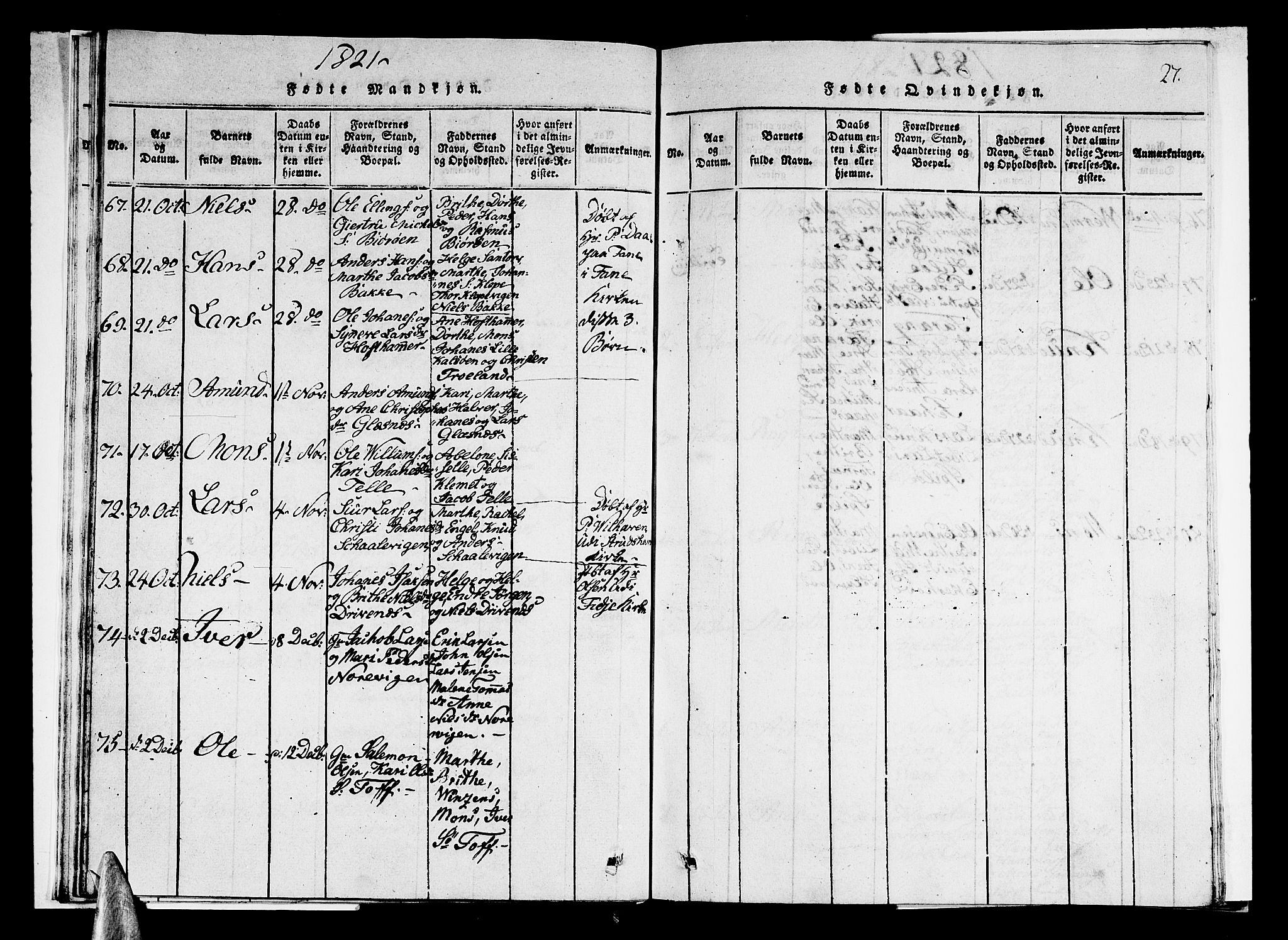 Sund sokneprestembete, AV/SAB-A-99930: Parish register (copy) no. A 1, 1816-1827, p. 27
